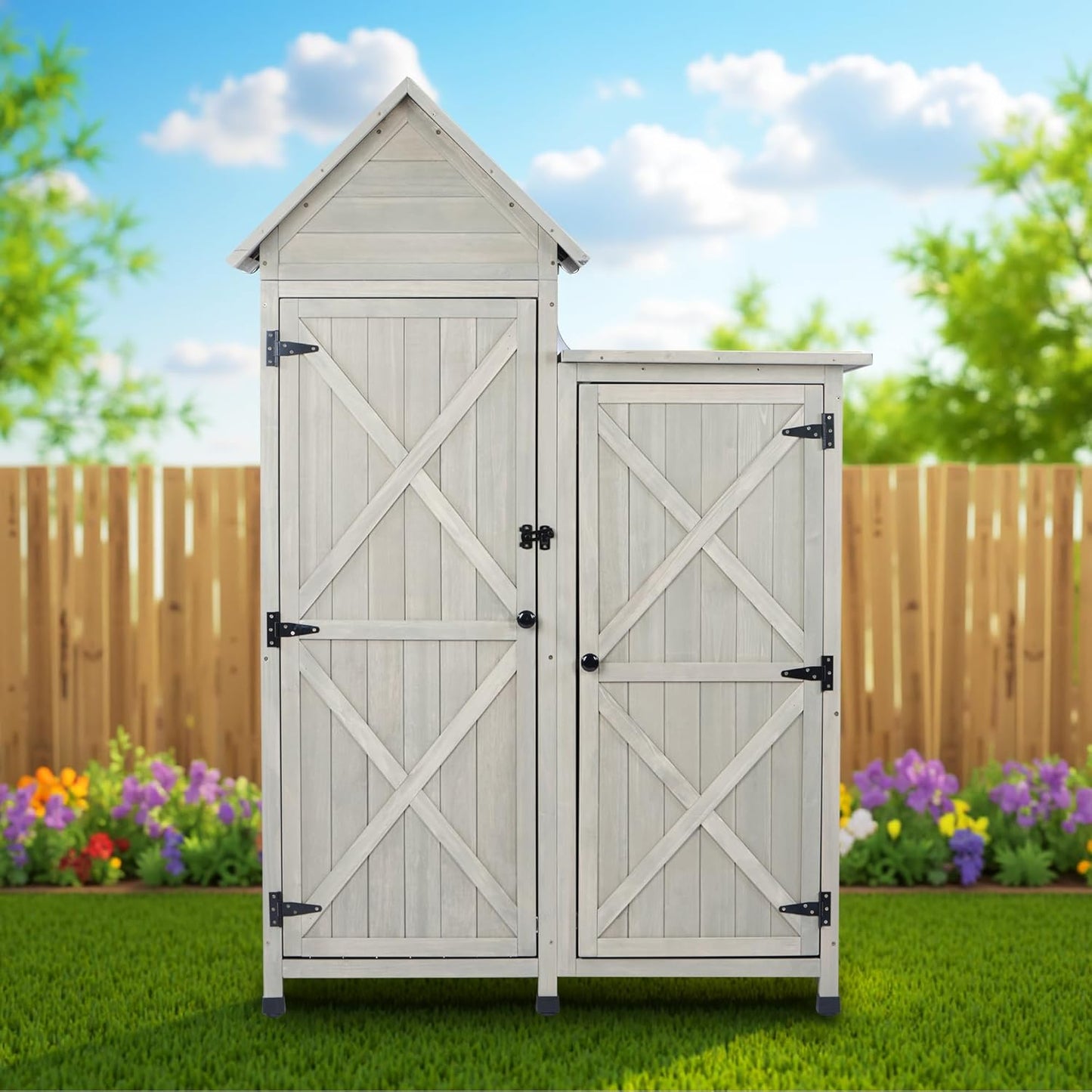 Outdoor Storage Cabinet - Waterproof Metal Roof & Wooden Vertical Design, Tall Garden Tool Shed with Multiple Shelves for Patio, Backyard, Lawn, Yard (Gray, 22" x 46" x 67")