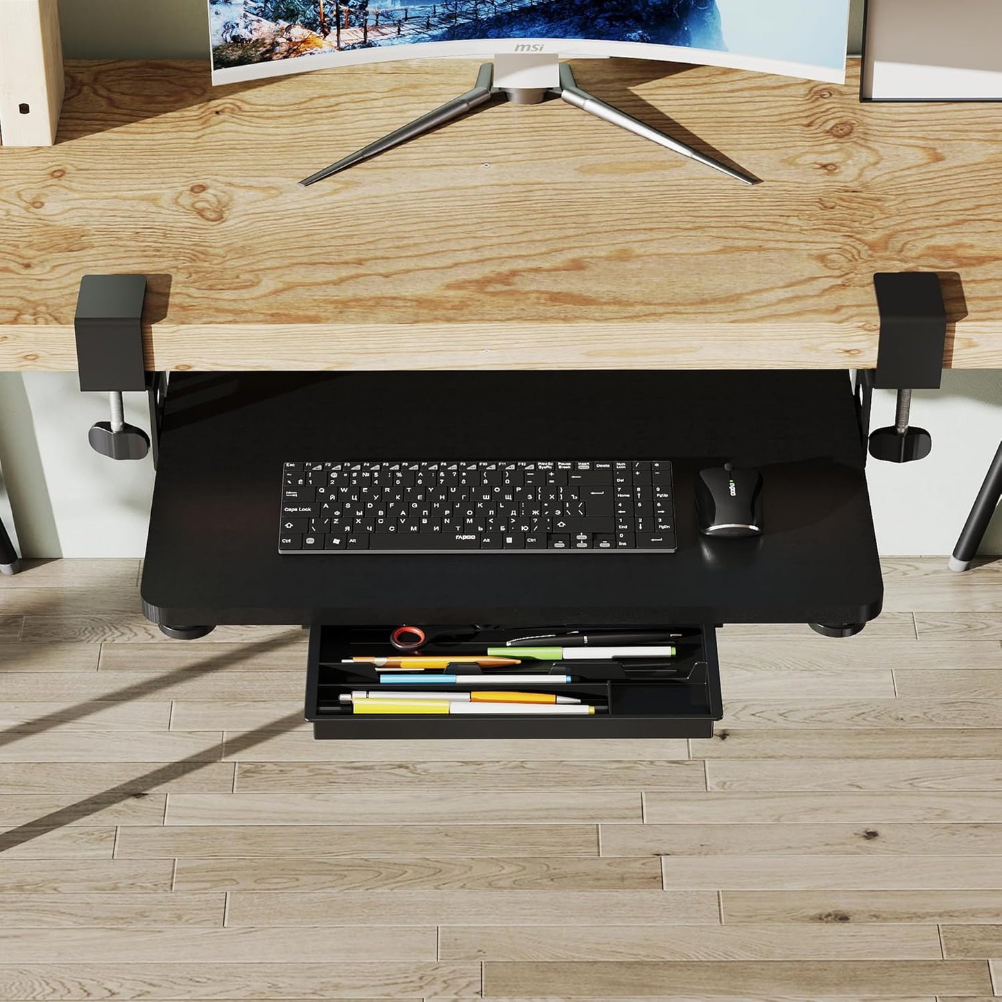 ETHU Keyboard Tray Under Desk, 19.7" X 11.81" Small Size Keyboard Drawer with C Clamp-on Mount Easy to Install, Computer Keyboard Stand Slide Pull Out, Ergonomic Keyboard Tray for Home & Office, Black