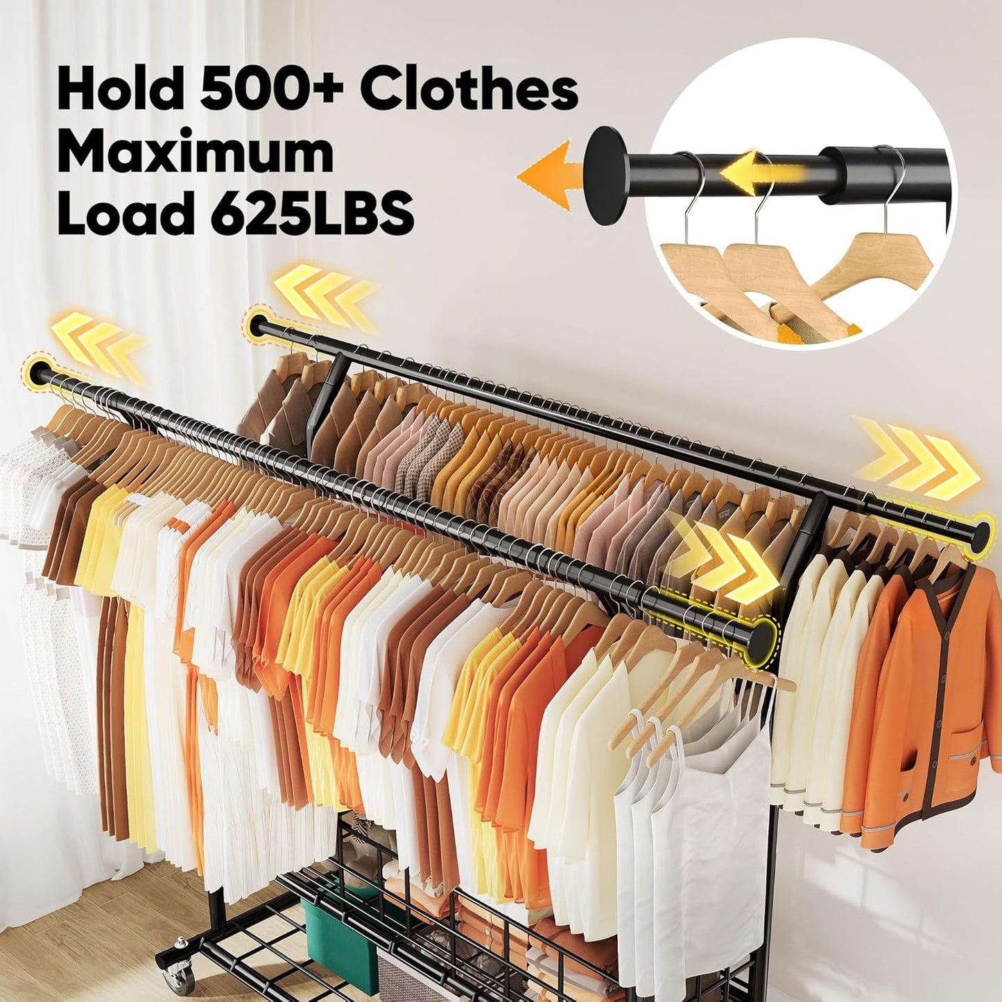 HOKEEPER Heavy Duty Clothes Rack Load 625 LBS, Clothing Rack for Hanging Clothes, Adjustable Black Double Rod with Metal Basket, Portable Rolling Garment Rack with Wheels for Bedroom, Laundry Room