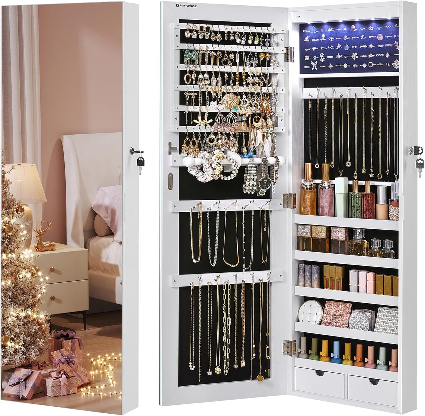 SONGMICS Hanging Jewelry Cabinet, Wall-Mounted Cabinet with LED Interior Lights, Door-Mounted Jewelry Organizer, Full-Length Mirror, Christmas Gift Idea, White UJJC99WT