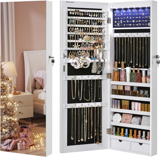 SONGMICS Hanging Jewelry Cabinet, Wall-Mounted Cabinet with LED Interior Lights, Door-Mounted Jewelry Organizer, Full-Length Mirror, Christmas Gift Idea, White UJJC99WT