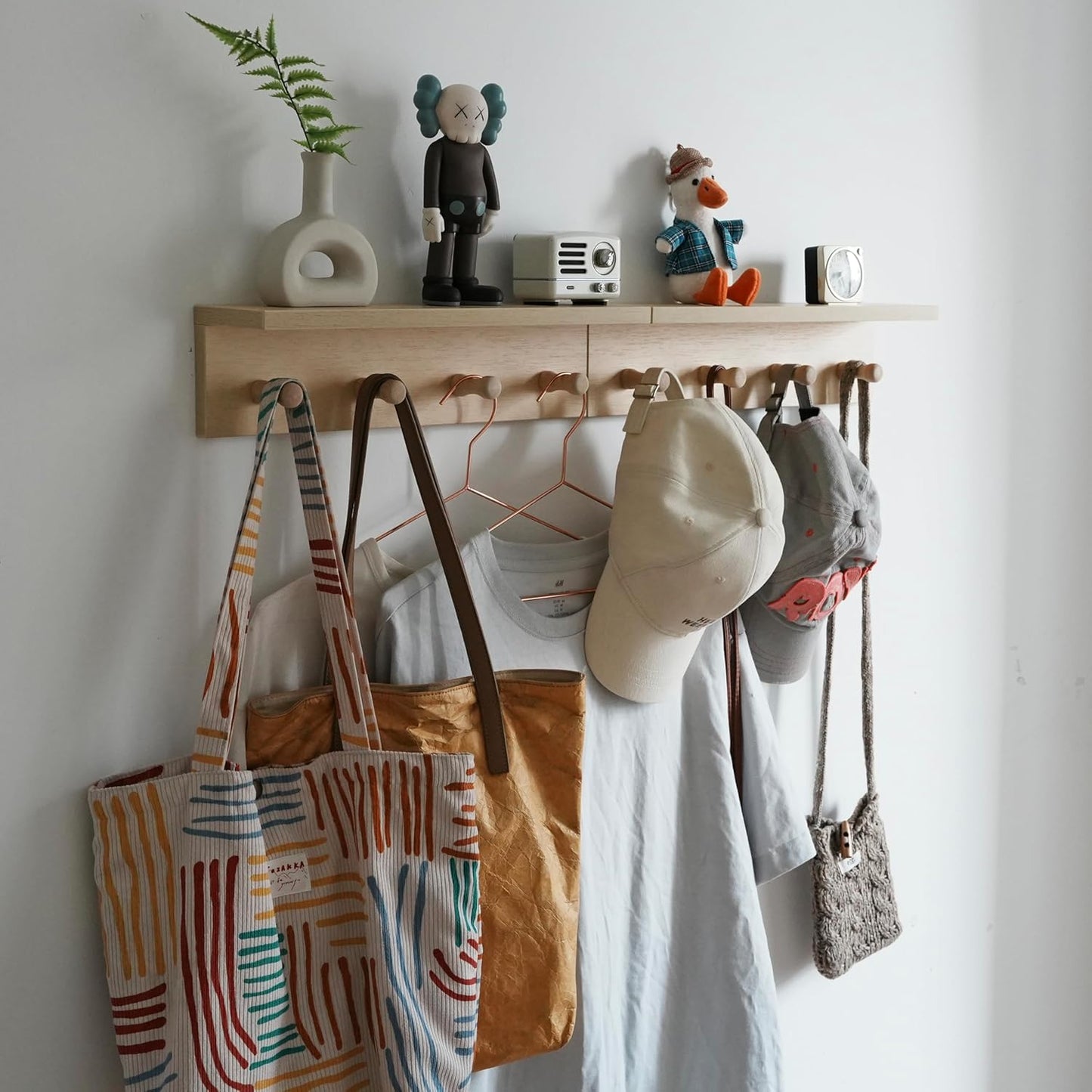 Entrance Coat Rack ，Coat Hooks, Wall-Mounted Wooden Hook Rack, Wall-Mounted Shelves are Very Suitable (2PC-Birch Colored Finish)