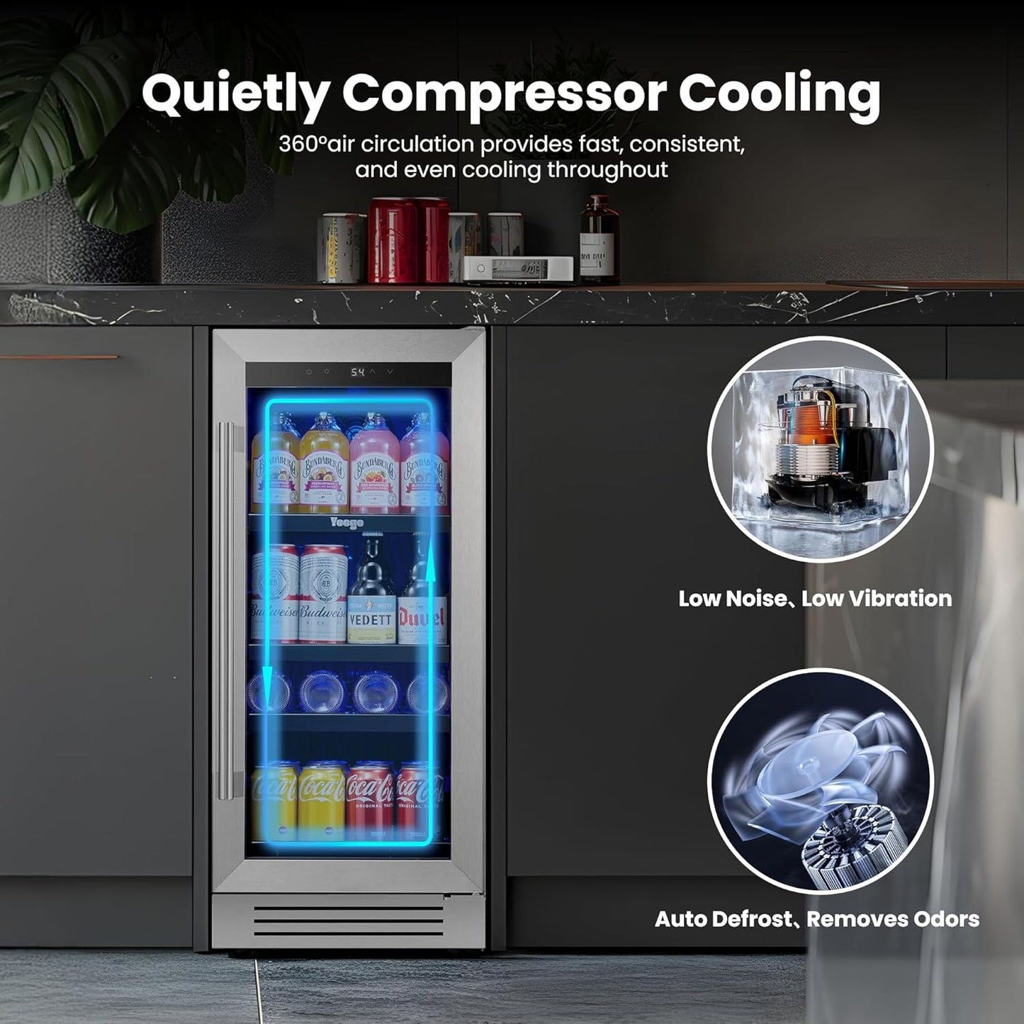 Yeego 15 Inch Beverage Refrigerator – 100 Can Mini Fridge with Glass Door, 34-54 ℉ Built-In Freestanding or Under Counter Beverage Cooler for Drink Soda Wine - For Home Bar Office