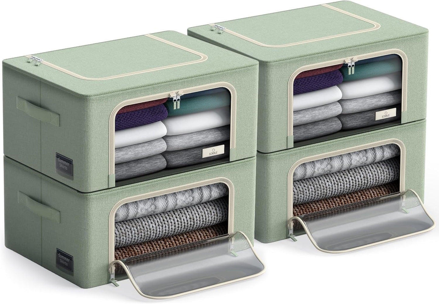 Sorbus Storage Bins with Metal Frame - Stackable & Foldable Clothes Organizer Bags - Oxford Fabric Storage Containers with Large Clear Window & Carry Handles, Bedroom Organization for Bedding & Linen