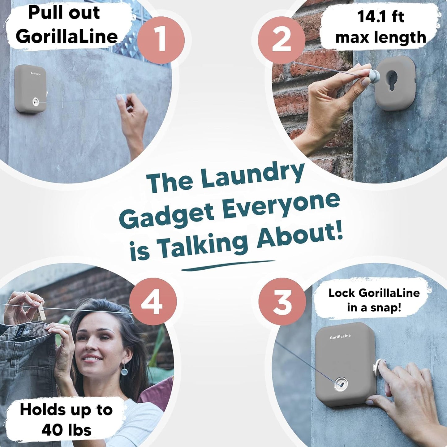 GorillaLine - Retractable Clothesline Indoor Outdoor Clothes Line - Heavy Duty Clothes Drying Laundry Line - Wall Mounted Drying Rack - Air Dry Clothing