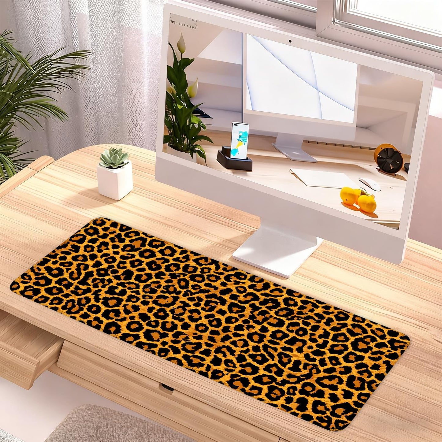 Leopard Print Mouse Pad – Large Extended Desk Mat 31.5 x 11.8 in– Bold Cheetah Animal Pattern, Non-Slip Rubber Base, Waterproof Surface, Fashionable Keyboard & Mouse Pad for Office, Home, or Gaming