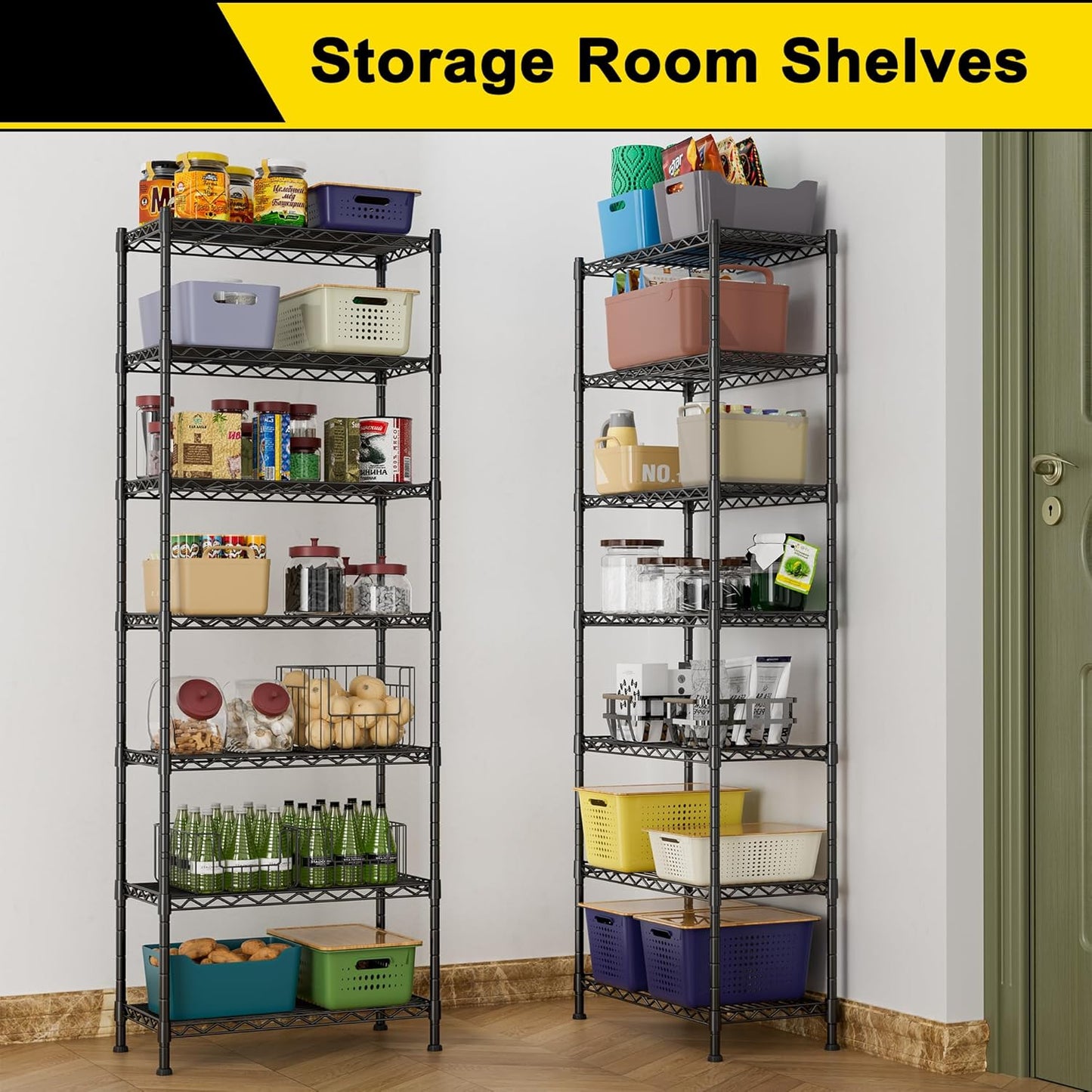 GIOTORENT 7-Wire Garage Shelving Storage Shelves, Kitchen Storage Adjustable Shelf, Metal Shelves 1400Lbs Capacity 24" W x 14" D x 71.6" H for Laundry Bathroom Pantry Closet, Black