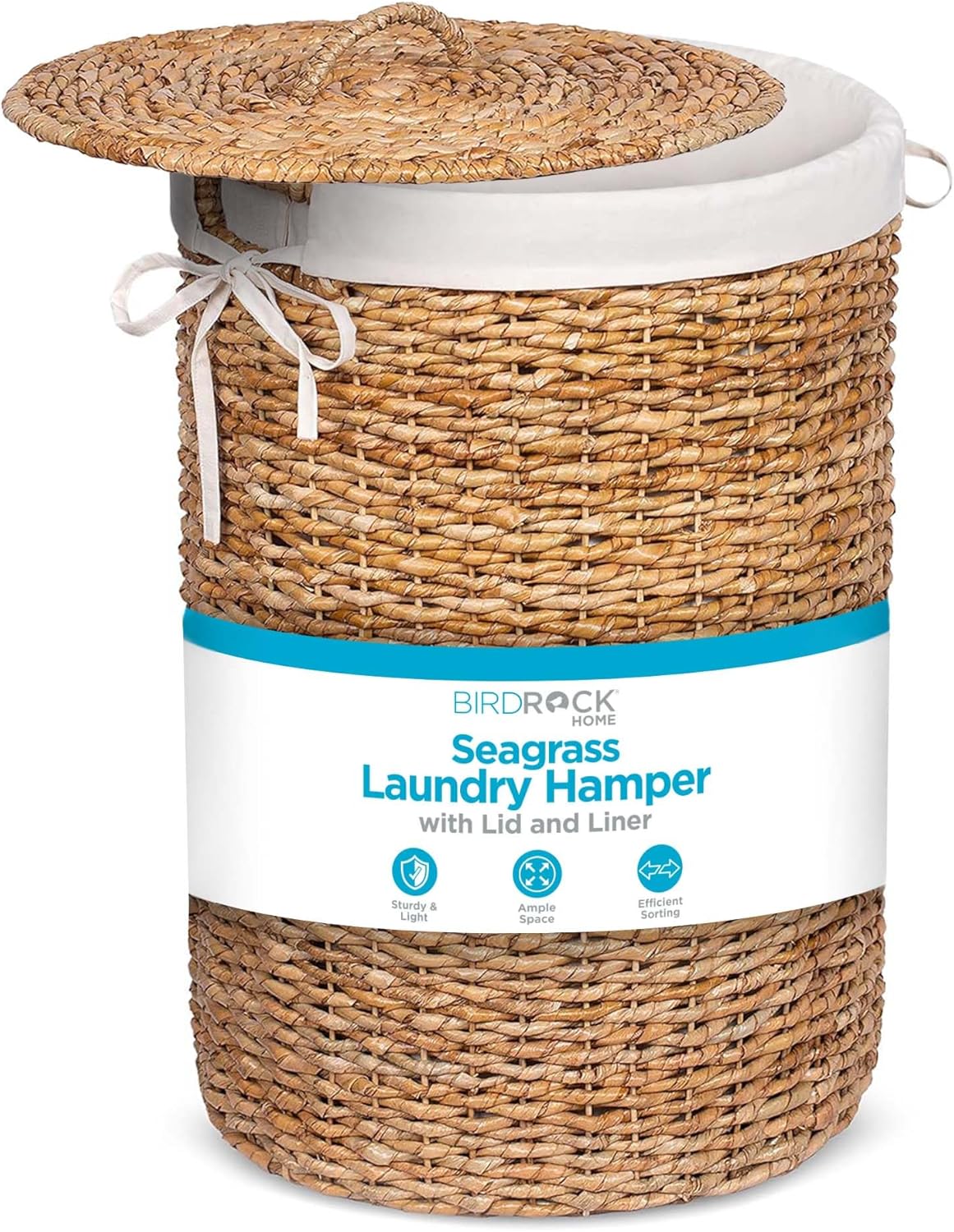 BIRDROCK HOME Seagrass Laundry Hamper with Lid & Liner - Handwoven Round Basket with Handles for Laundry/Dirty Clothes - Organizer, Storage, Shelves, Bin in Bathroom, Bedroom & Laundry Room - Natural