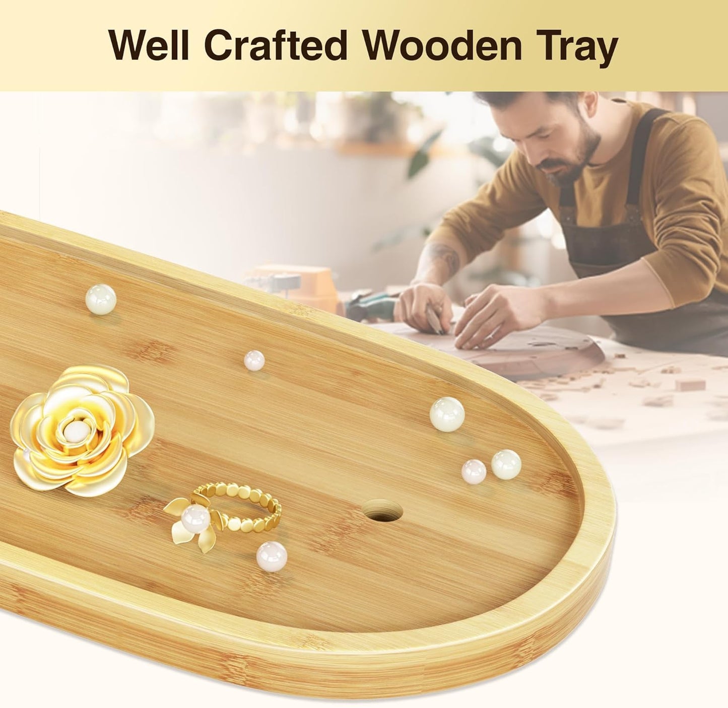 Jewelry Display Earring Stand Gold Organizer Earring StorageTree Jewelry Rack Towers with 6 Hooks 300 Stud Holes Wood Tray for Necklaces Bracelets Ring