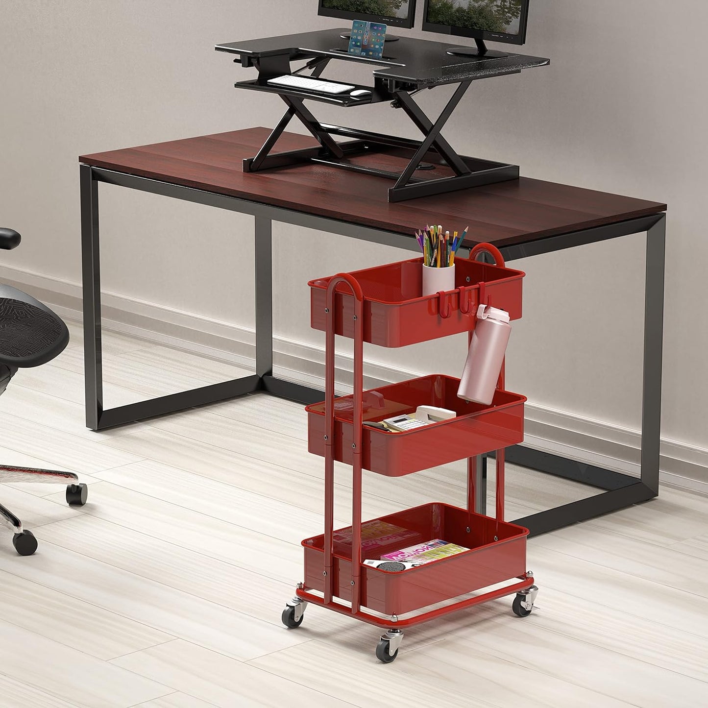 Simple Houseware 3-Tier Heavy Duty Metal Utility Rolling Cart, Red