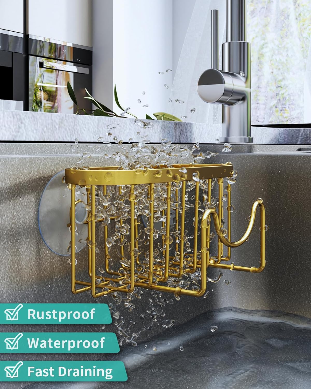 HapiRm Multifunctional Sponge Holder - 2 Installation Methods Sink Caddy with Unique M-Shaped, Stainless Steel Kitchen Sink Organizer for Sponge, Brush, Stopper and Scraper - Gold