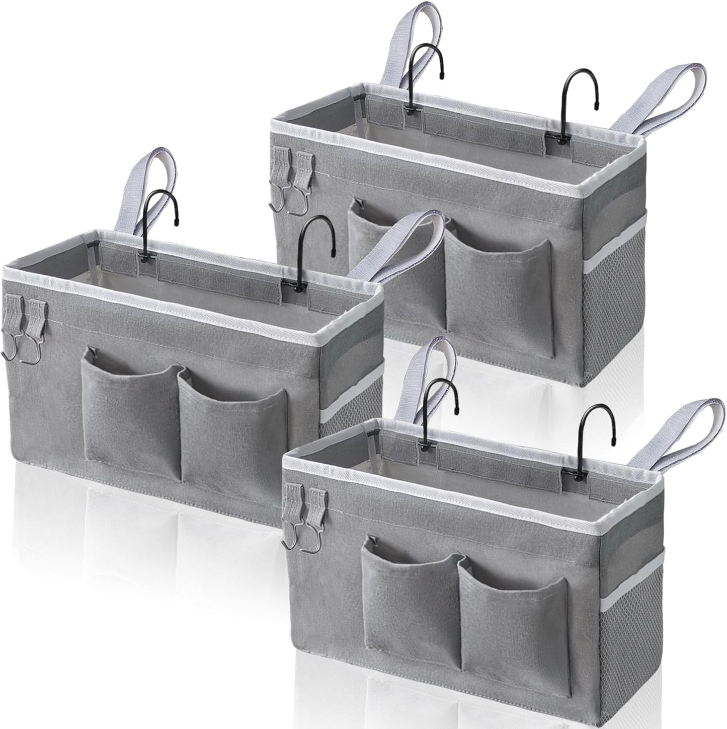 3pcs Bedside Caddy Hanging Storage Bag, Water Cup Holders, Organizer Baskets with Pockets for Bunk Bed Shelf, Hospital Beds, Loft & Dorm Rooms Accessories (Bedside bag-Grey)
