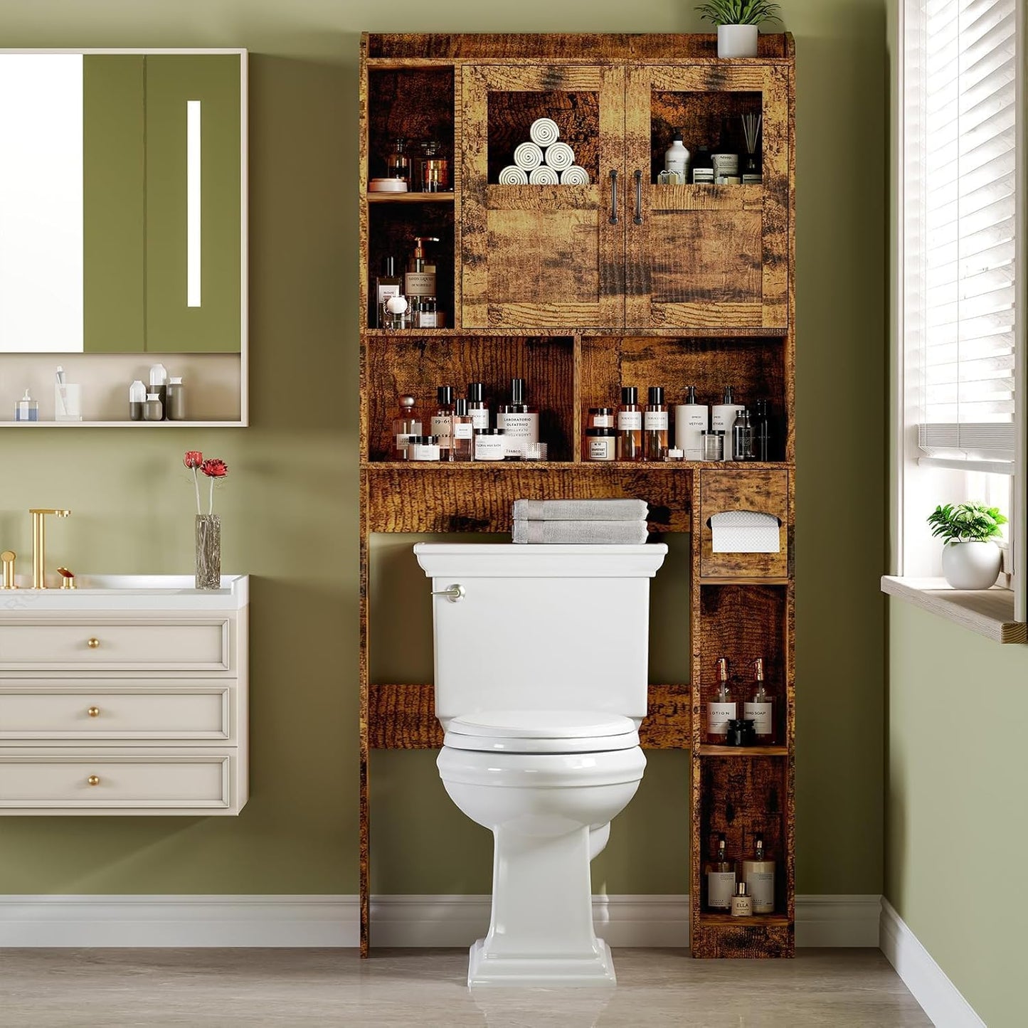 Over Toilet Storage Cabinet, 67 Inch Wall Mounted Tall Cabinet, Freestanding Bathroom Organizer Shelf for Bathroom, Brown