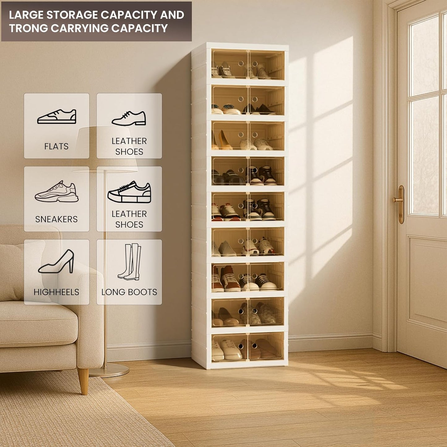 Foldable Shoe Organizer Storage Box Set of 2, Portable Extra Large Folding Shoe Rack for Closet, Shoe Storage Box with Magnetic Transparent Door and Wheels, 9 Layers 18 Grids