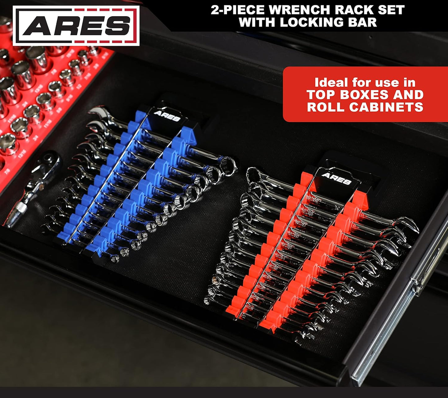 ARES 62043-2-Piece Wrench Rack Set with Locking Bar - SAE Rack Holds 1/4-Inch to 1-Inch Sizes - Metric Holds 6 to 25mm Sizes - Locking Metal Clip Secures Wrenches