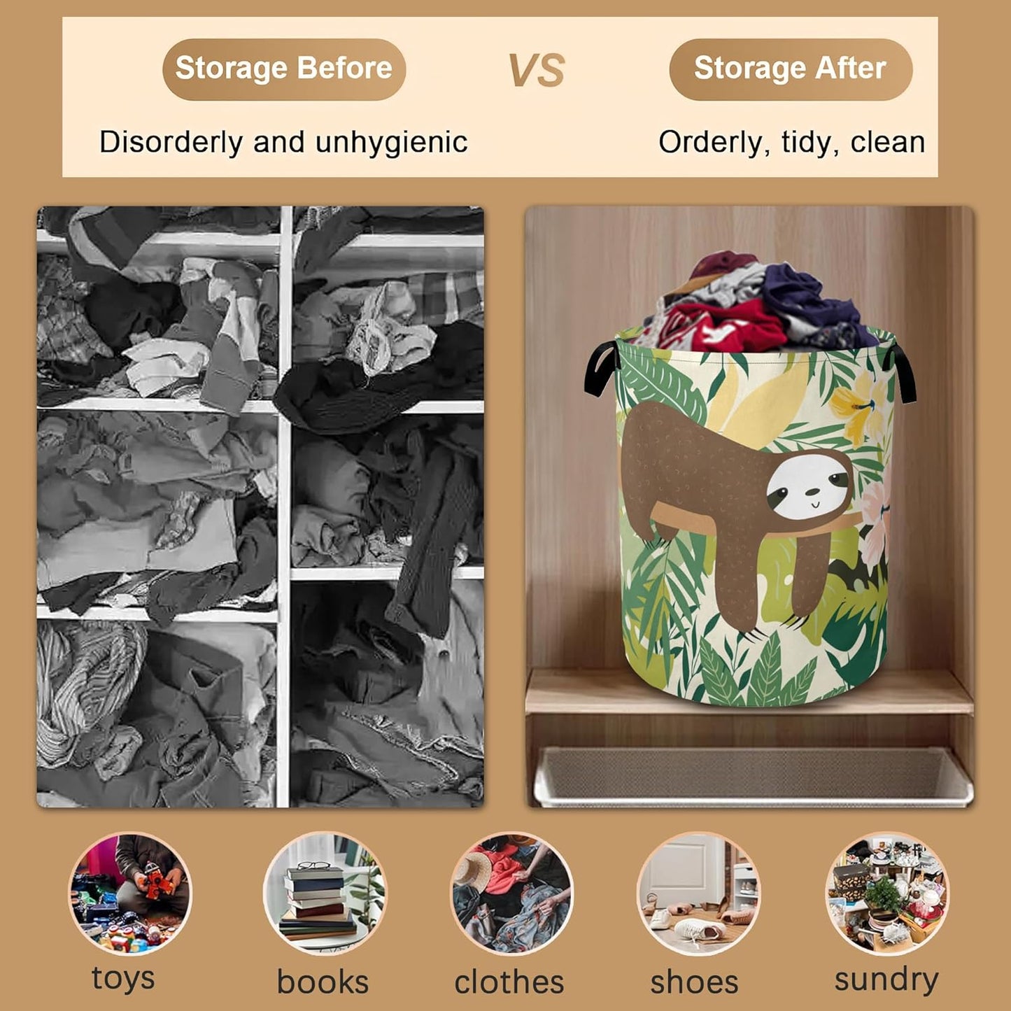 Laundry Hamper,Cute Funny Sloth Laundry Basket,Palm Leaf Waterproof Oxford Cloth Storage Basket with Handle for Clothes Books Nursery Home Storage Sundries 16"x20"