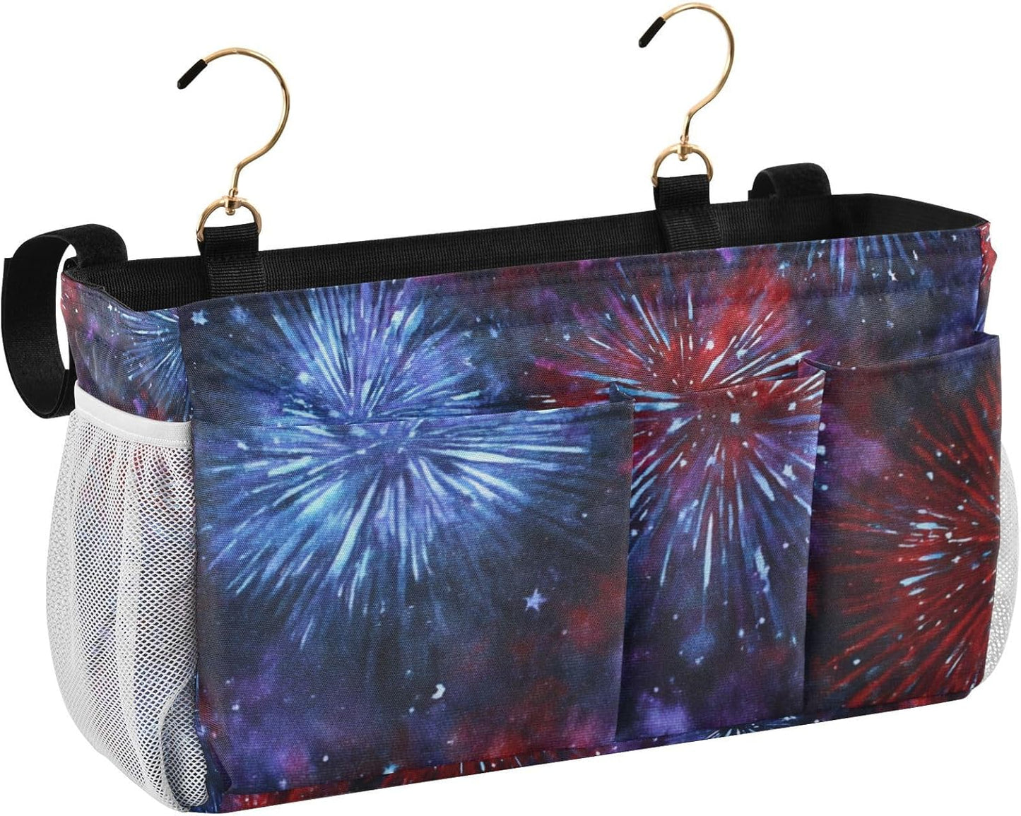 American Tie Dye Stars and Fireworks Bedside Caddy for Dorm Bed Bedside Hanging Caddy Bag Iron Frame Storage Organizer Pocket for Bunk Home College Hospital Beds 2 Hooks