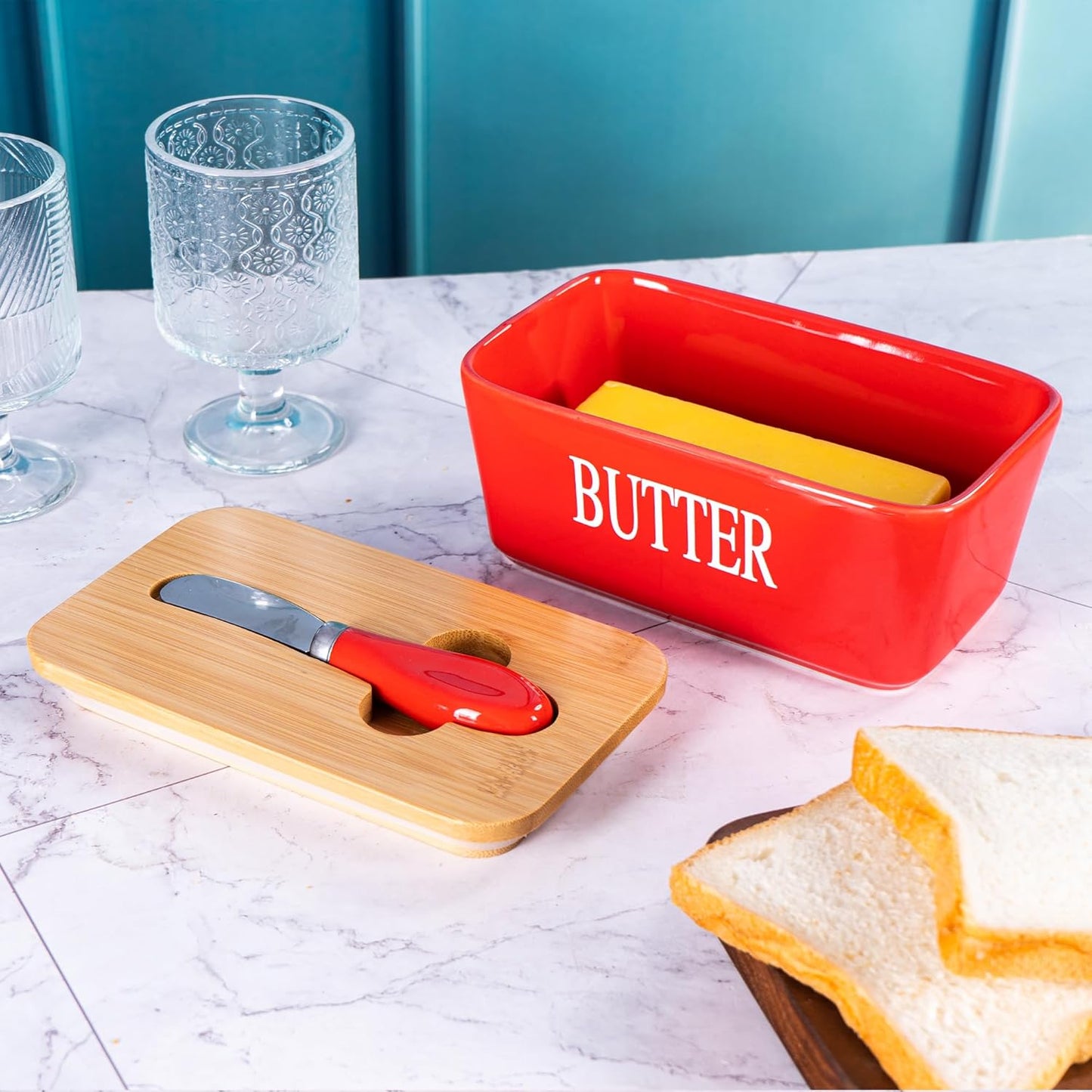 Red Butter Dish with Lid for Countertop, Large Ceramic Covered Butter Stick Holder Container for Fridge