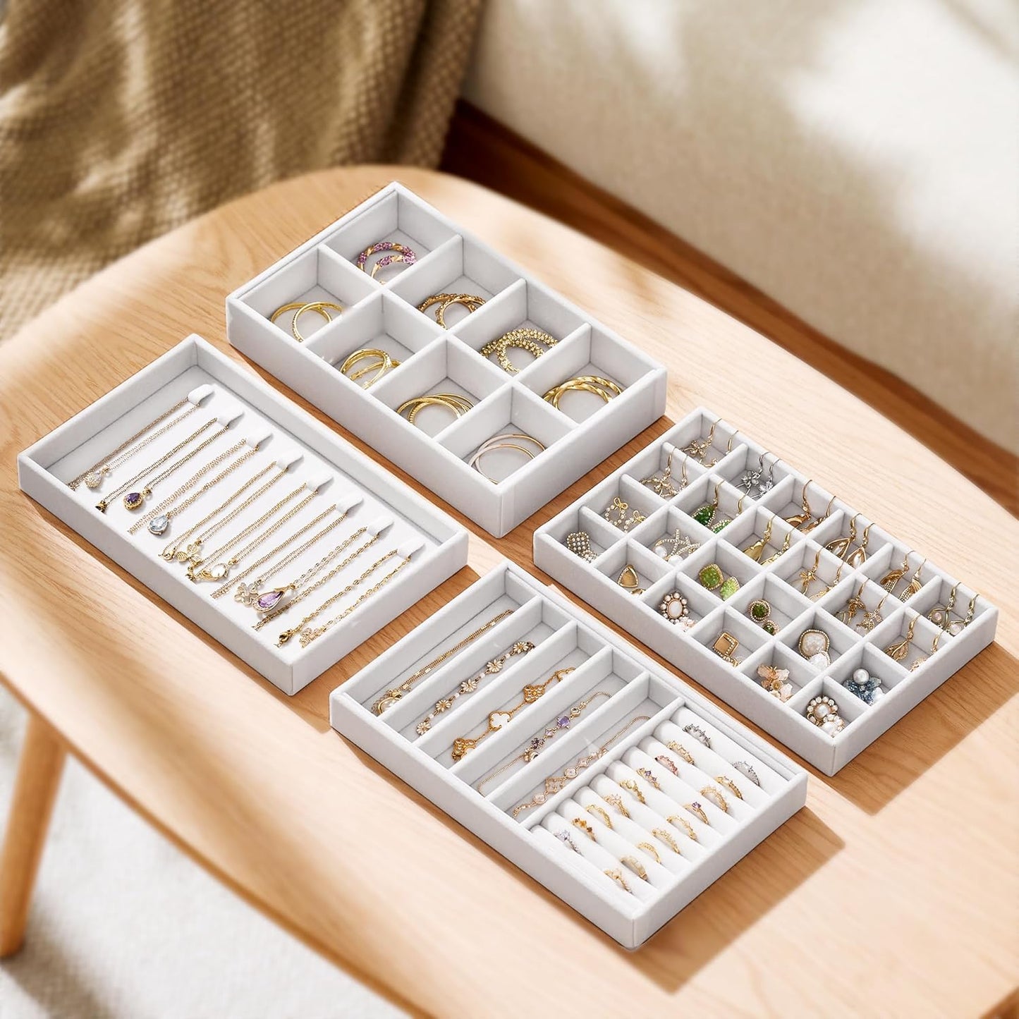 Velvet Jewelry Drawer Organizer Trays – White Stackable Jewelry Storage Inserts Set, 4-Layer Jewelry Tray Set for Earrings, Rings, Necklaces, Bracelets with Removable Dividers for Dresser & Vanity