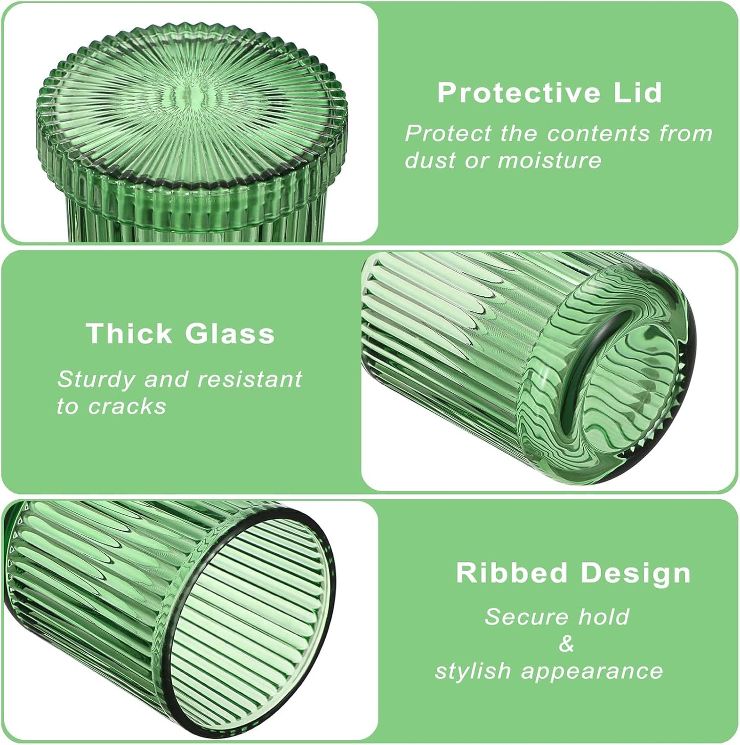 2 Pack Glass Qtip Holder with Lid, Qtip Dispenser Bathroom Storage Jars- Glass Apothecary Jars for Cotton Ball, Swab, Pads, Floss Picks, Bathroom Accessories Organization and Vanity Organizer(Green)