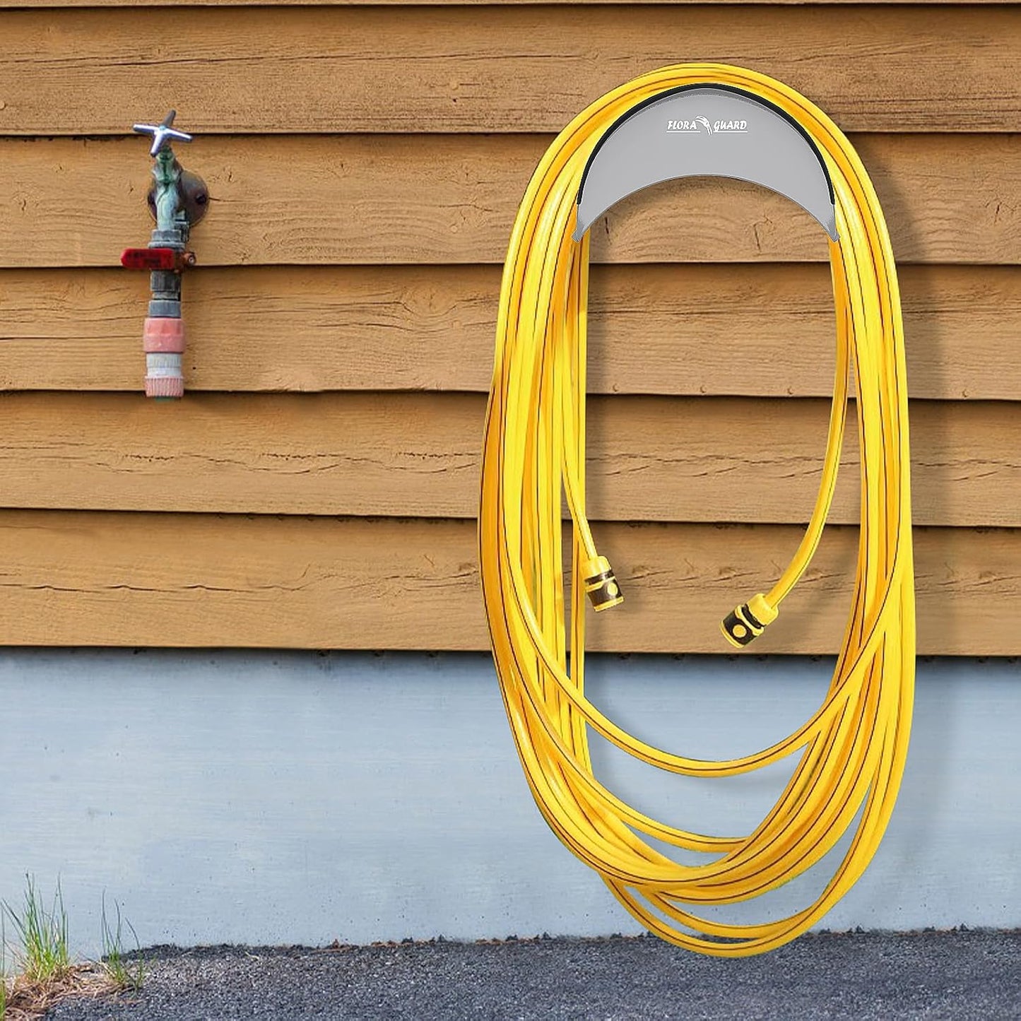FLORA GUARD Garden Hose Holder, Heavy-Duty Hose Hanger, Holds Up to 125 ft, Garden Rack Wall Mount for Outside, Rust and Slip Resistant, Gray