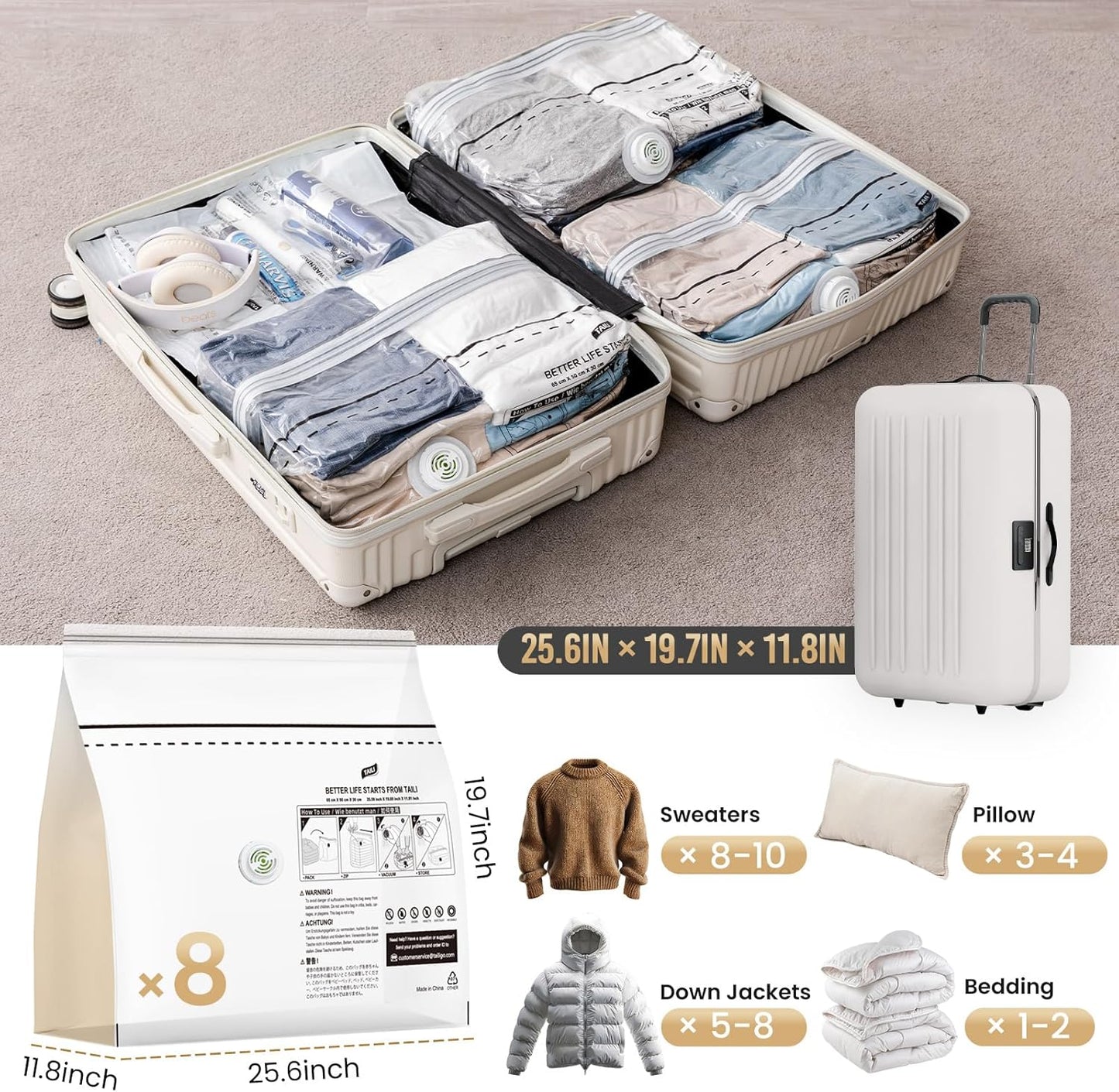 TAILI 8 Pack Cube Vacuum Storage Bags, Medium Size (25x19x11 inch), Vacuum Seal Bags for Clothing, Travel Compression Packing for Clothes, Blankets, Baby Clothes, Travel Accessories