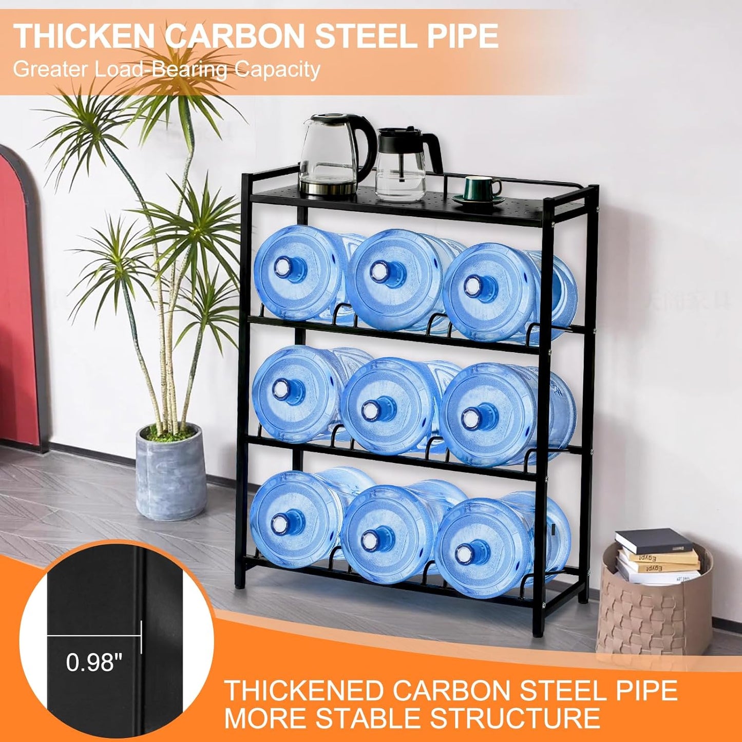 5 Gallon Water Dispenser Jug Holder with Top Shelf Heavy Duty Water Cooler Jug Rack and 4 Tier Water Storage Rack with 9 Slots for Gallon Jugs (Black)