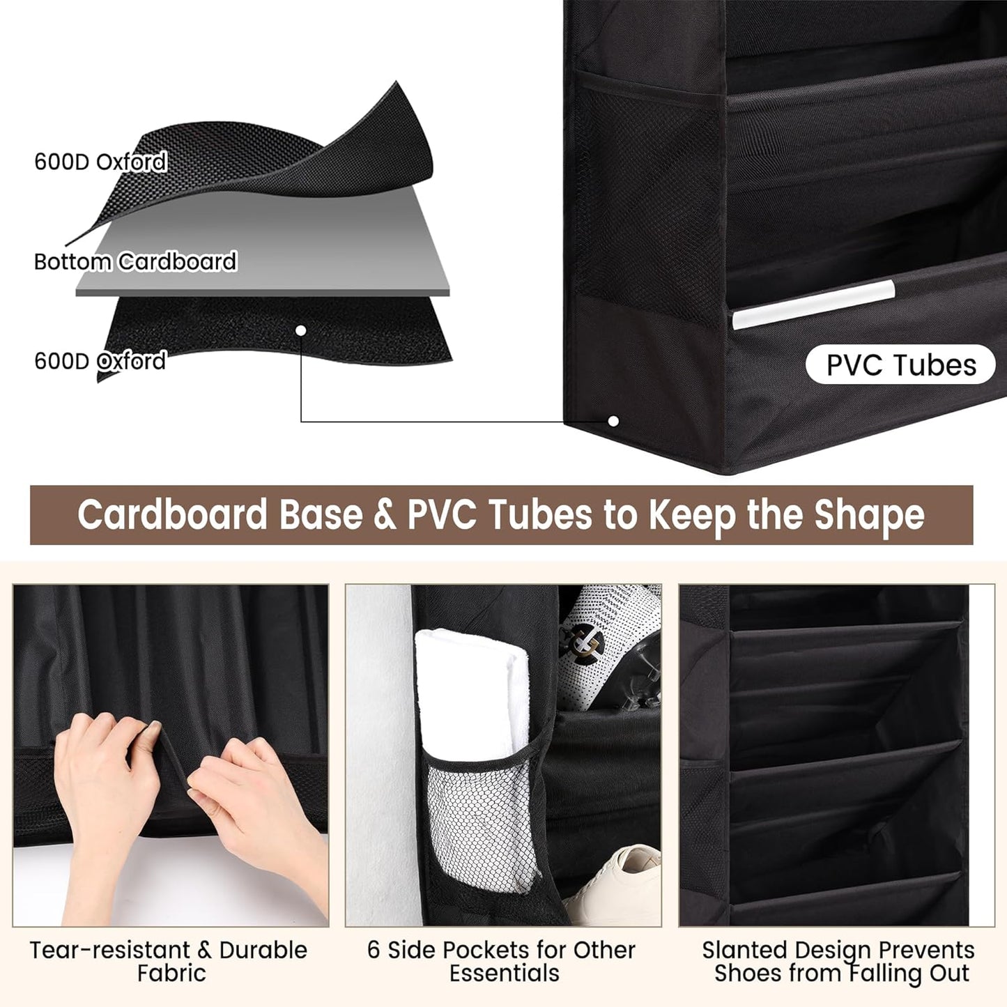 7 Tier Over The Door Shoe Organizer, Hanging Shoe Rack for Closet with Dustproof Mesh Curtain & 6 Side Pockets, Behind The Door Narrow Shoe Holder Hanger for Sneakers, Boots (Black)