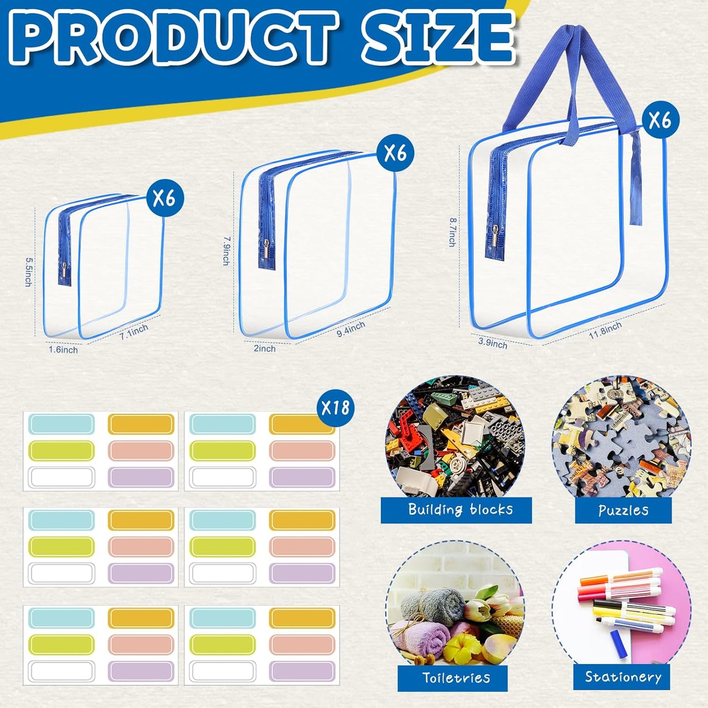 18 Packs Large Toy Storage Bags with Labels, Clear PVC Bags Travel Waterproof Kids Toy Organizer Bags with Zipper for Building Blocks Puzzle Kids Books (Blue-3 Size)