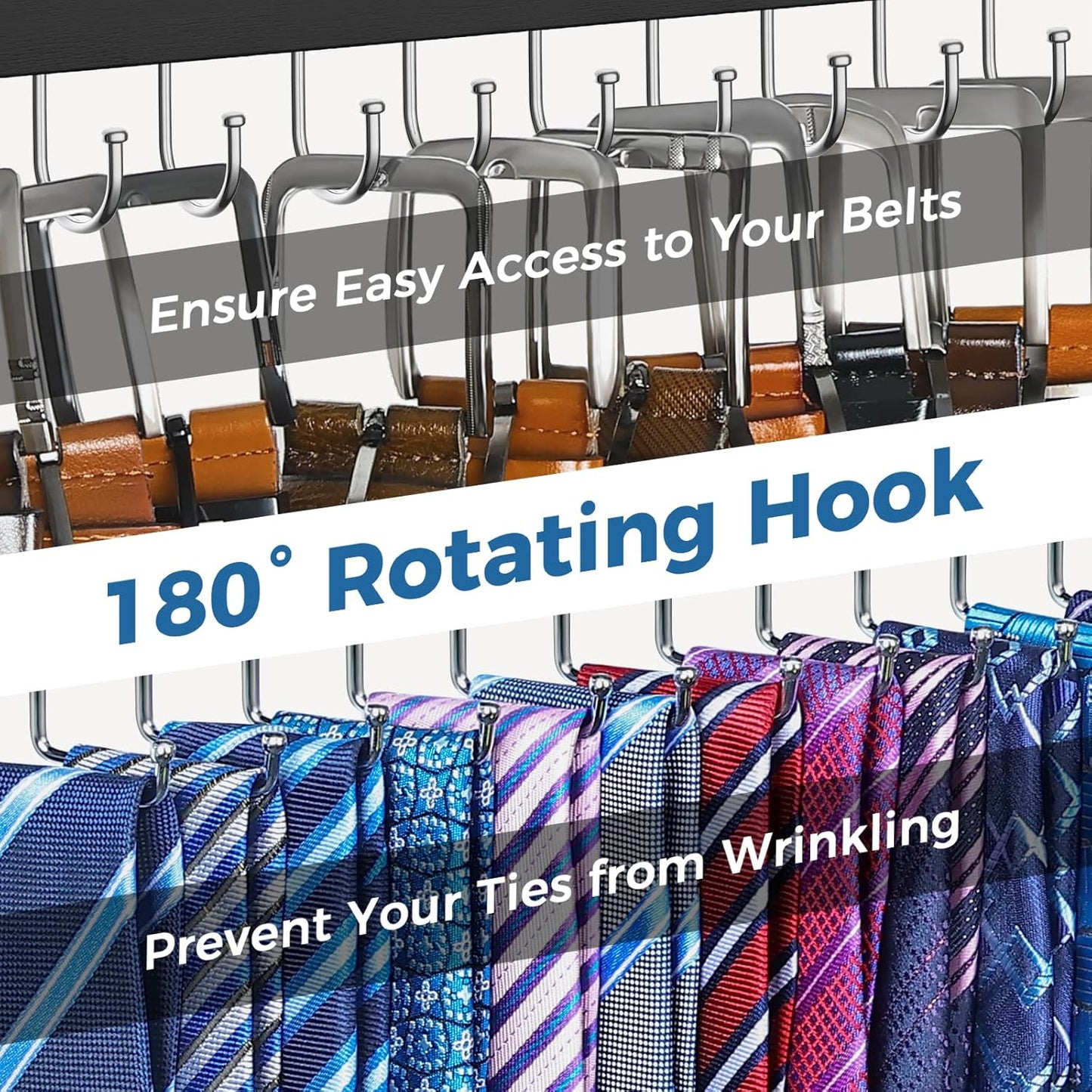 Tie and Belt Rack Wall Mount 2 Pack, Max 20 Tie Storage & 36 Belt Organizer, 180° Rotating Space Saving Tie Holder Belt Hanger for Closet Wall Mounted