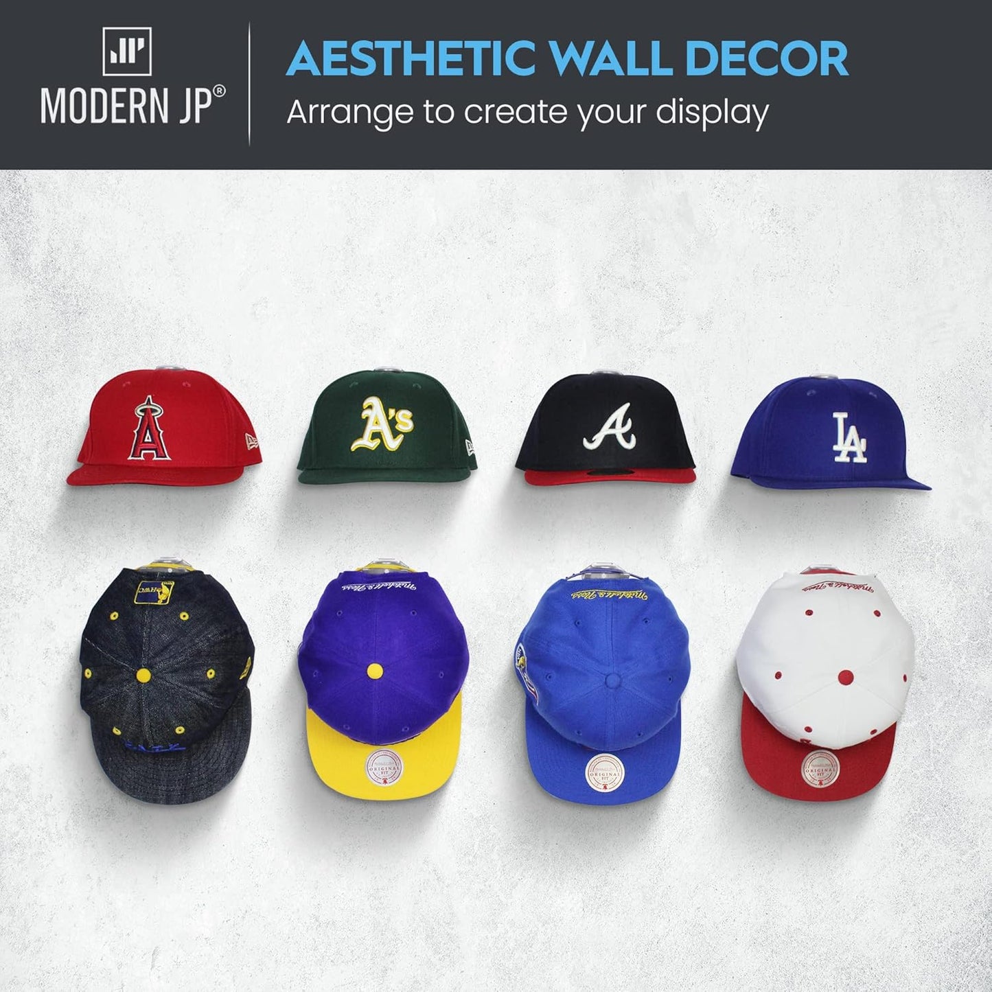 Modern JP Adhesive Hat Hooks for Wall (32-Pack) - Hat Rack for Baseball Caps, Minimalist Hat Display, Strong Hold Hat Hangers for Wall - USA Patented, Clear