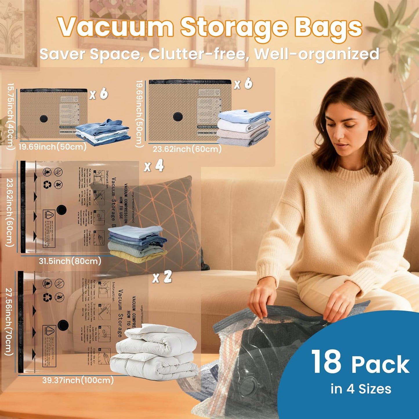 Space Saver Vacuum Storage Bags with Electric Pump, 18 PCS (6S,6M,4L,2J) Space Saver Vacuum Seal Bags for Clothing, Travel, Bedding, Blanket, Pillow, Comforter