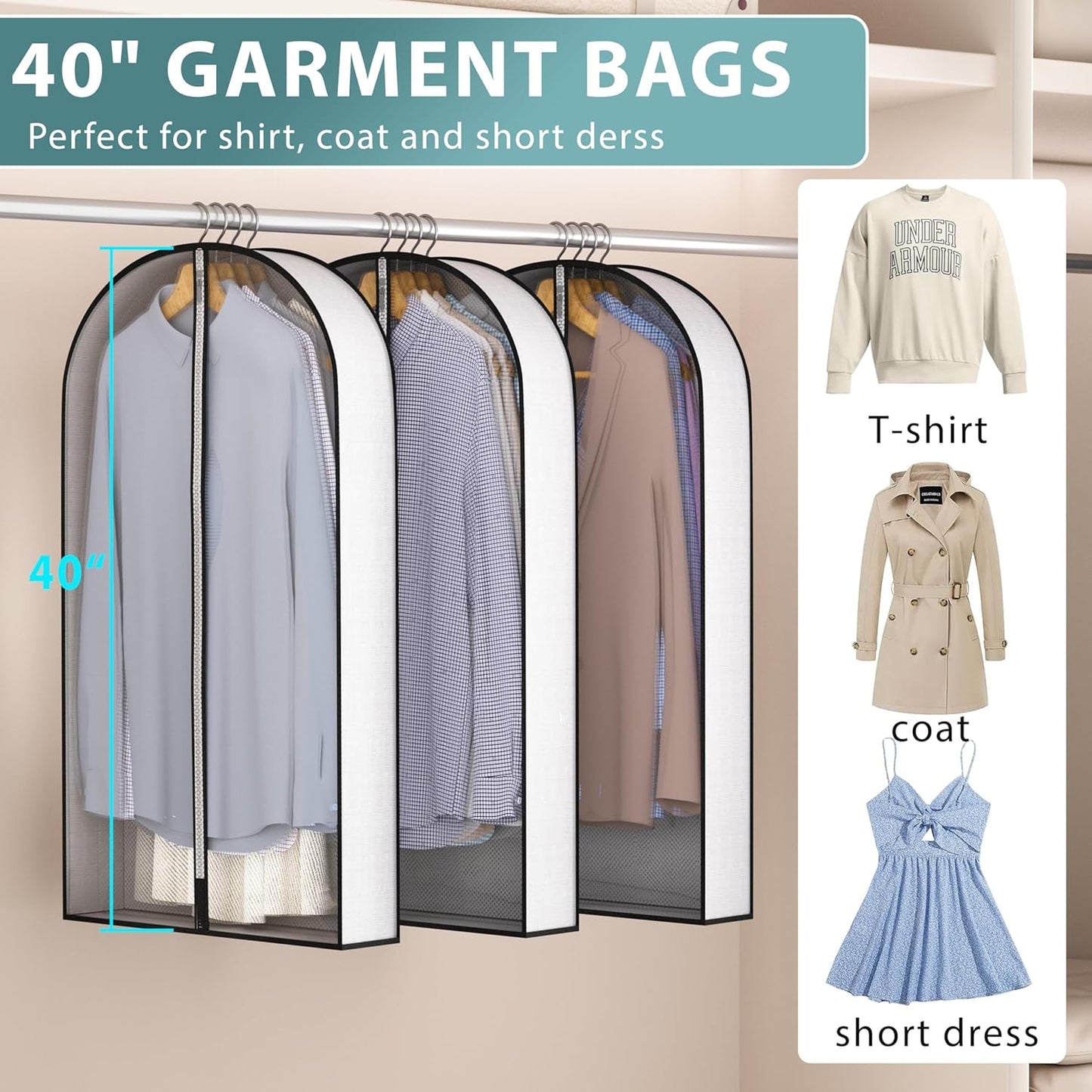 40” Garment Bags for Hanging Clothes 4” Gusseted - with Clear Window, Breathable Fabric, Metal Zipper, Suit Coat Dress Protector for Clothes Closet storage, Season Off, Moving, 3 Pack