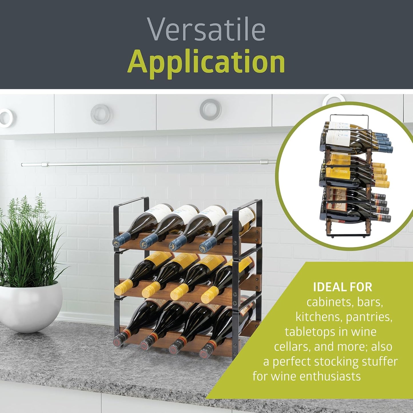 Pearington 12 Bottle Stackable Wine Rack, Rustic 3-Tier Solid Acacia Wood and Iron Wine Bottle Holder, Free Standing Countertop Liquor Display Shelf, 17" x 7.2" x 16.5"
