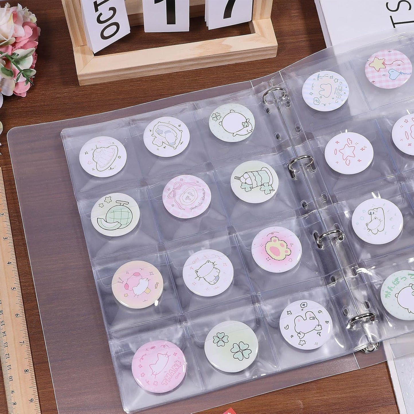 FREEBLOSS 144 Pocket Buttons Badge Pin Storage Book Transparent PVC Button Pins Display Album 12 Sheet Pin Pocket Pages Ring Binder Collection Holder for Pins Collection Display