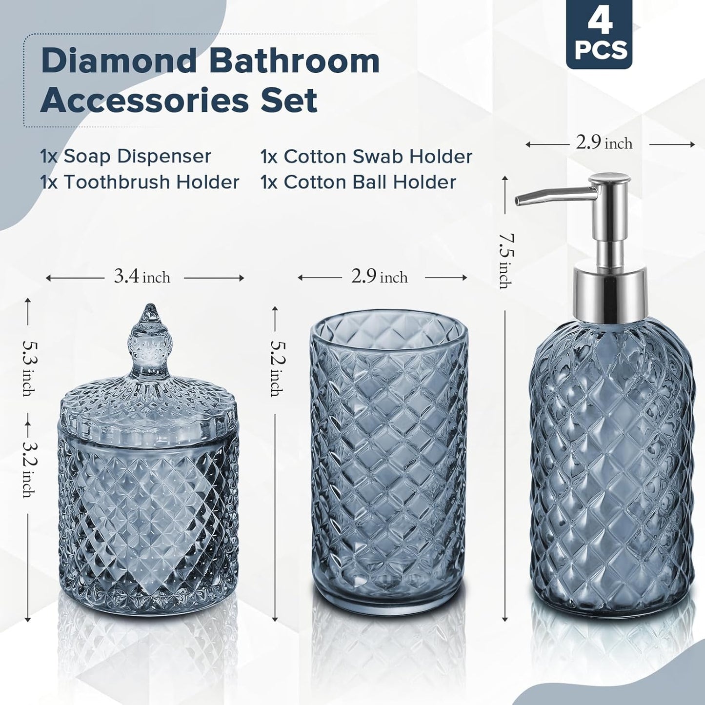 Blue Bathroom Accessories Set, 4 Pack Light Blue Bathroom Decor Accessory Sets Complete, Diamond Glass Soap Dispenser and Toothbrush Holder Set for Bath Counter Organizer Essentials
