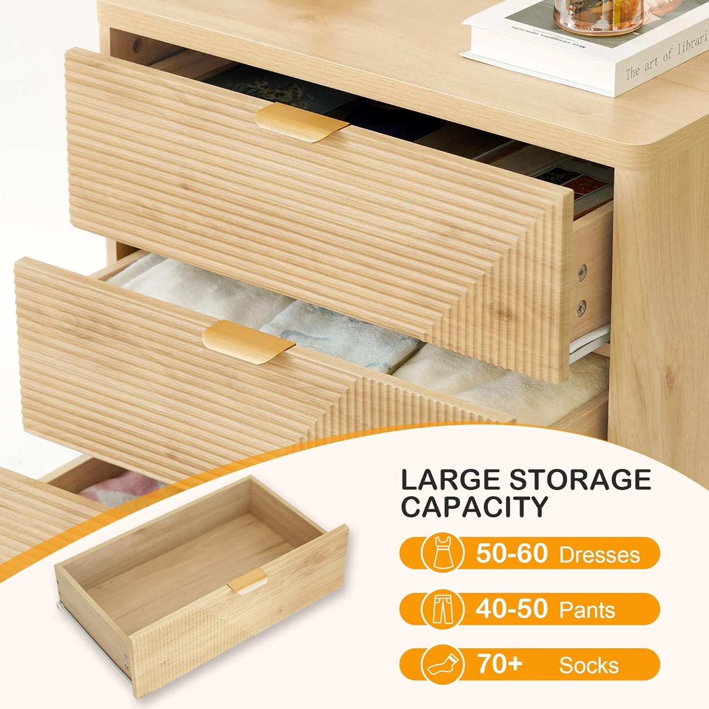 3 Drawer Fluted Nightstand for Bedroom, Modern Wood Night Stand with Curved Profile, Fluted Dresser & Wood Drawer Organizer for Bedroom and Hallway