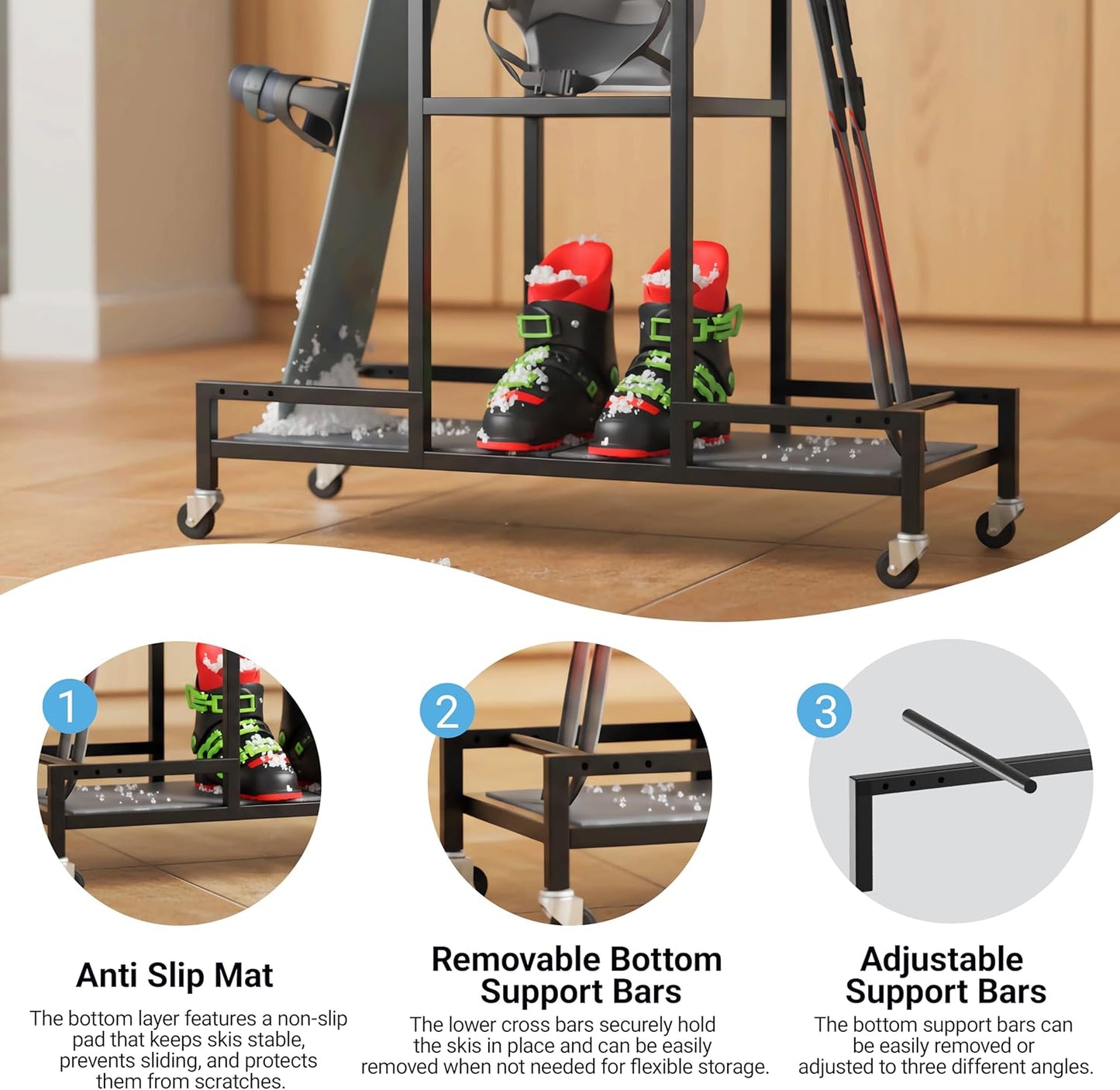 Standing Ski Storage Rack, Holds Snowboards & Skis, 3-Tier Organizer for Gear, Black - Ski Rack for Garage with Anti-Slipmat