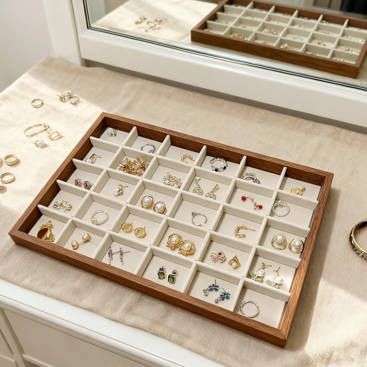 Large Jewelry Trays for Drawers Stackable Velvet Jewelry Display for Vendors Jewelry Drawer Organizer Inserts for Rings Necklace Bracelets Earrings and Studs Earrings (Beige, 30 Grid)
