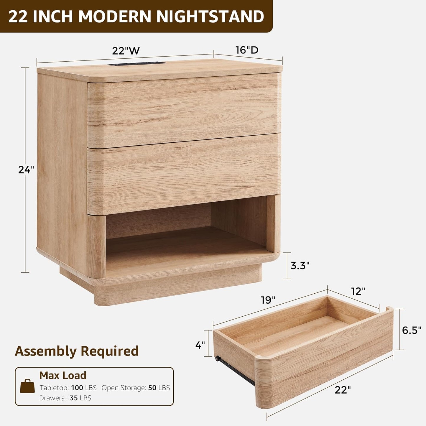 ACCOHOHO Nightstand with Charging Station, 22" Push-to-Open Bedside Table with 2 Storage Drawers, Large Modern End Table for Bedroom,Living Room,Natural Oak