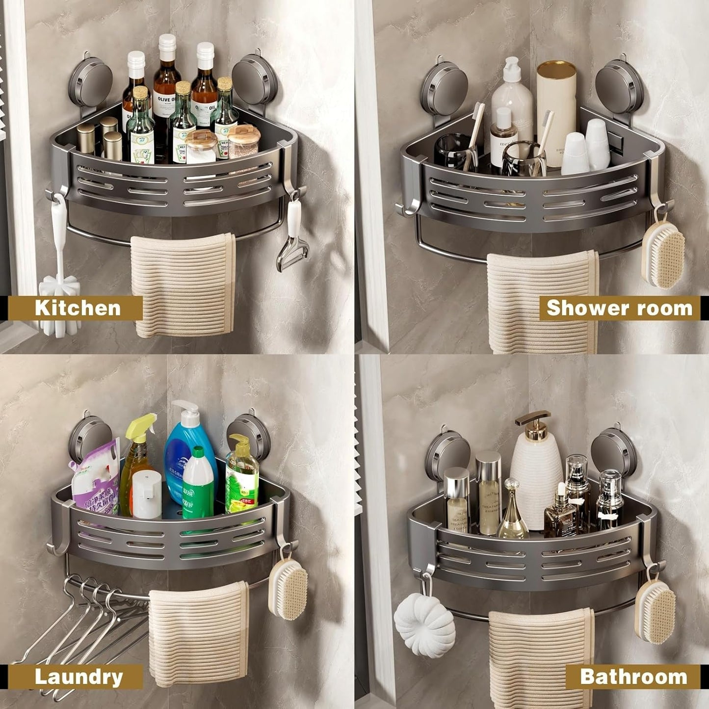 VOLPONE Shower Caddy Corner Suction Cup Shower Shelf Corner No Drilling Bathroom Shower Organizer Storage Rack Adhesive (1-Pack, gray)