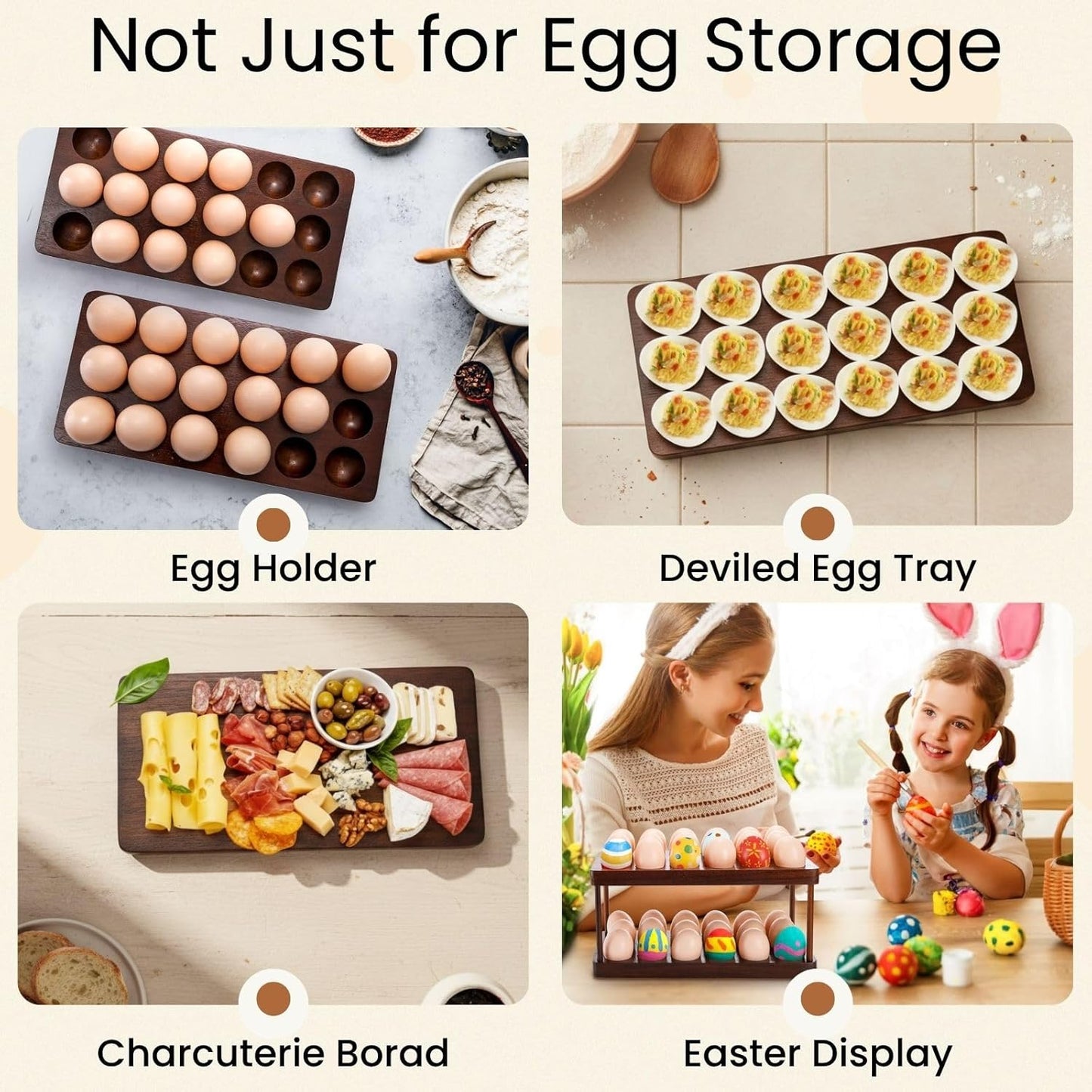 YOUEON Acacia Wooden Egg Holder with Double Layers, Detachable Wooden Egg Tray Holds 36 Fresh Eggs, Countertop Storage Rack for Gathering Fresh & Easter Eggs, Rustic Decor
