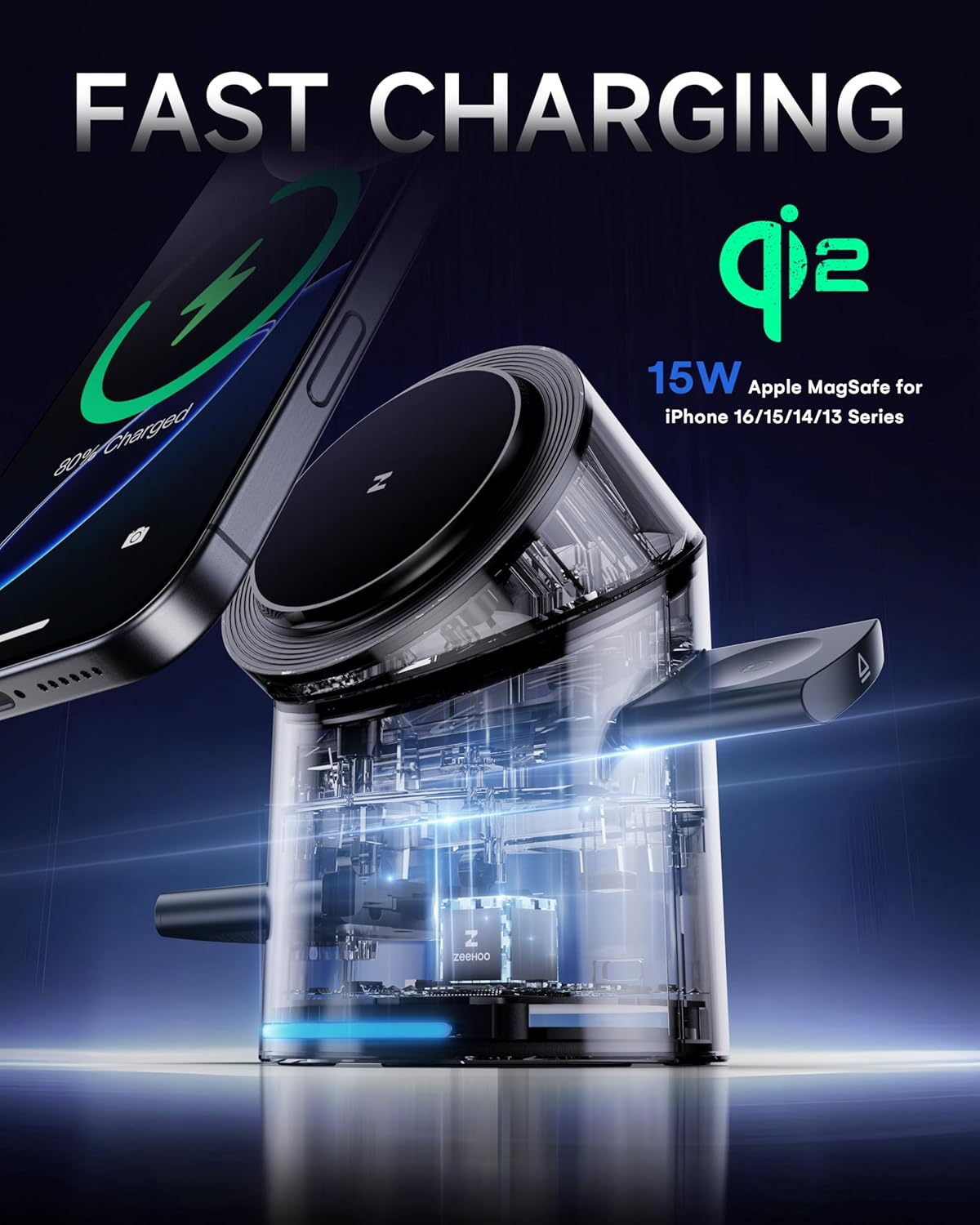 ZEEHOO 3 in 1 Charging Station for Apple Devices, Mag-Safe Charger Stand, Qi2 15W Auto-Rotating Wireless Charger for iPhone 17 16/15/14/13/12 Series& AirPods& iWatch(White)