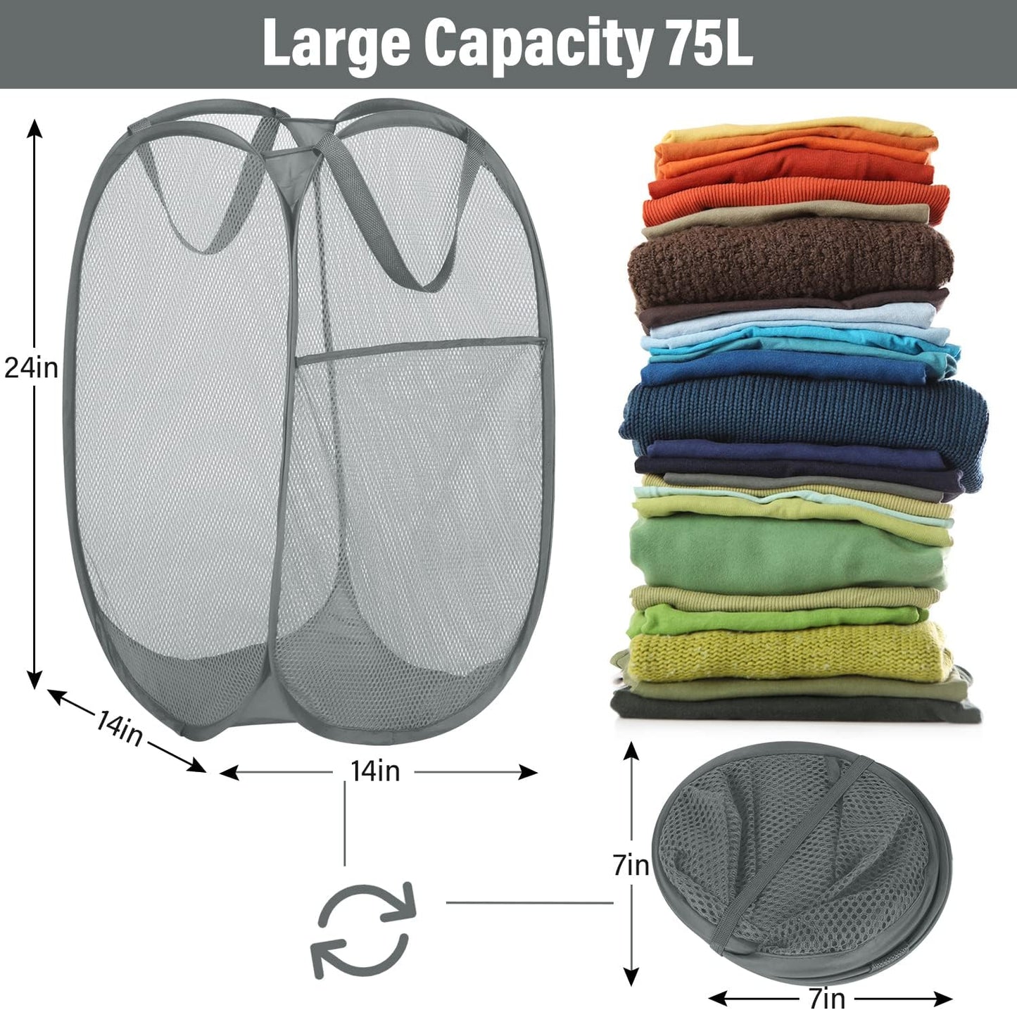 BATTOO 3 Pack Collapsible Laundry Basket Strong Mesh Pop Up Laundry Hamper for Laundry Foldable Hampers with Side Pocket Reinforced Handles for Bathroom, Kids Room, College Dorm or Travel Grey
