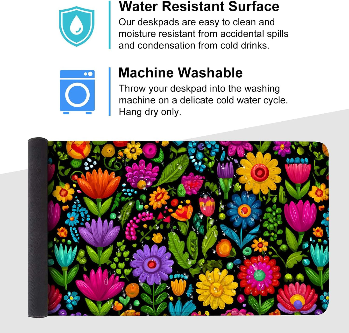 Folk Art Floral Mouse Pad – Large Extended Desk Mat 35.43 x 15.75 in – Colorful Boho Flowers on Black Background, Waterproof Surface, Non-Slip Rubber Base, Oversized Mouse & Keyboard Pad