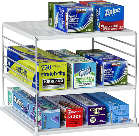 Upgraded Cabinet Organizers and Storage -Divided Compartment Holder for Plastic Bag, Wrap, Foil, Snack and Box for Kitchen Organization and Storage-Under Sink Organizers and Storage Suitable