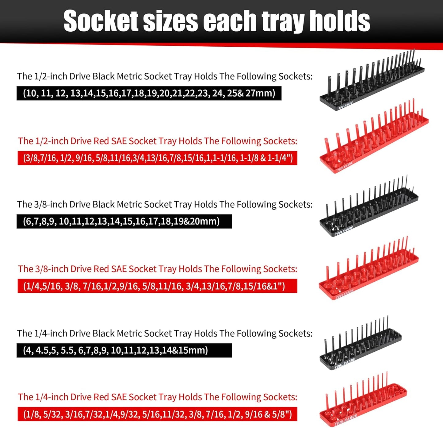 TOOLEAGUE 7Pcs Socket Organizer Tray and Magnetic Wrench Holder Set,Red SAE & Black Metric, 1/2", 1/4", 3/8" Socket Storage Trays for Tool Box Drawer