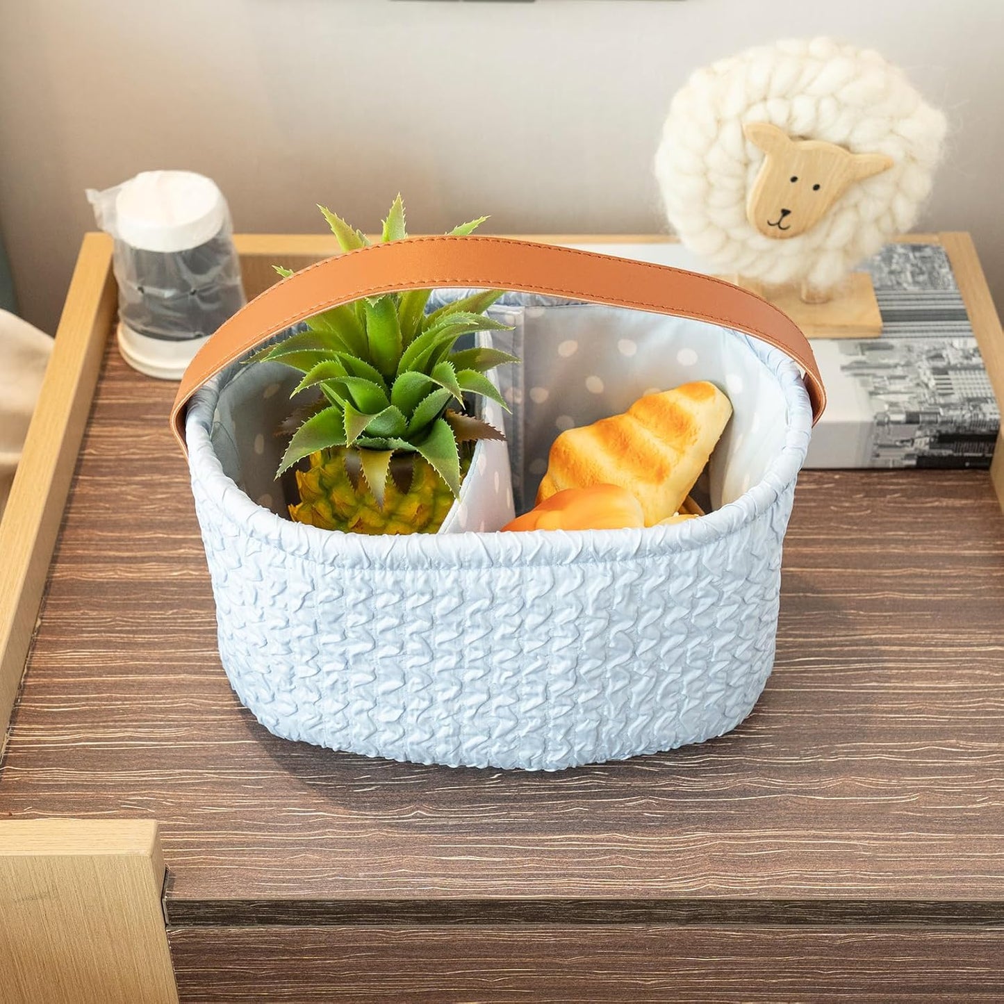 Blue Oval Double Compartment Pleated Fabric Basket - Quilted Fabric Storage Basket with PU Carrying Handle - Collapsible Organizer for Home, Picnic, Shopping, Traveling