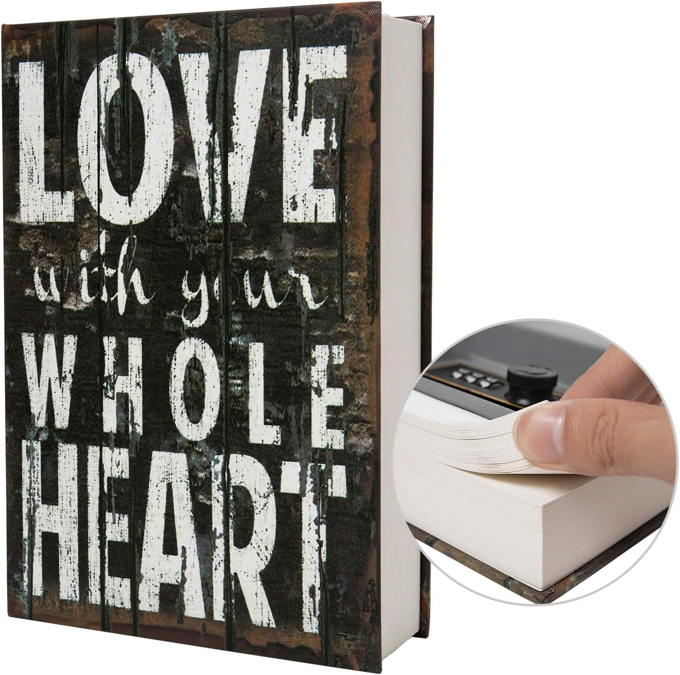 Real Paper Transfer Book Safe, Hollow with Secret Hidden Compartment, Combination Lock, 8.7"×6"×2" (LOVE-Combination)