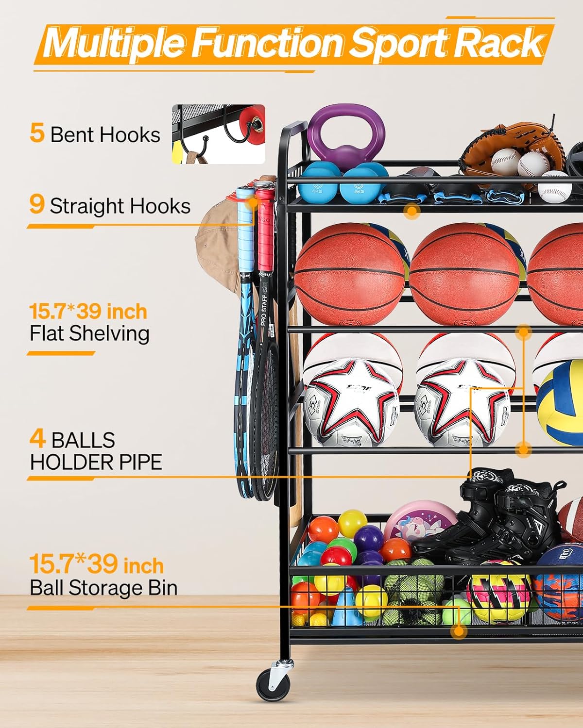 Garage Sports Equipment Organizer - Rolling Ball Storage Bin with Wheels, Garage Sports Gear Rack Outdoor Basketball Racks for Balls with Baseball Bat Holder and Hooks, Toy Organizer